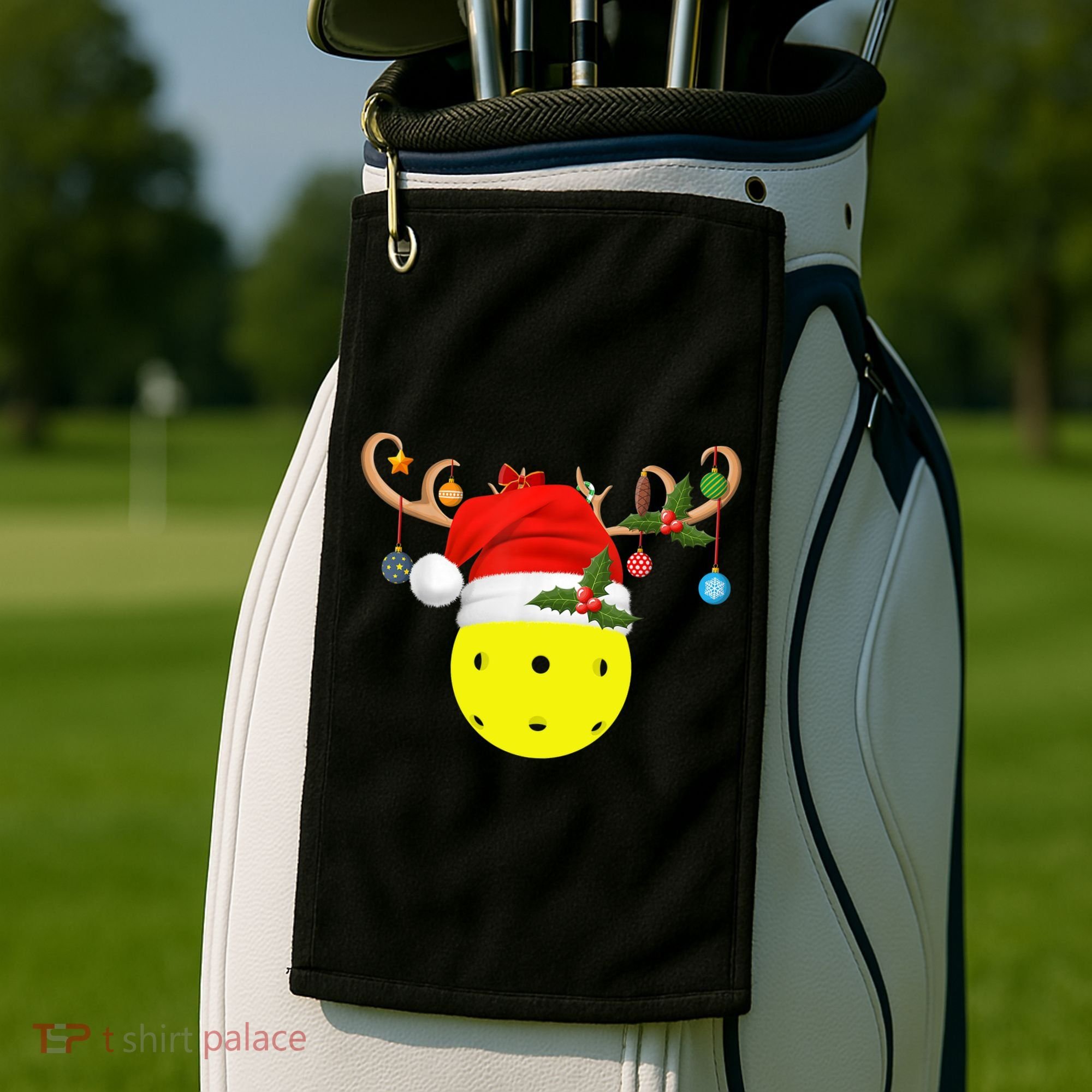 Pickleball Xmas Gift Reindeer Santa Hat Pickleball Christmas TShirt Golf Towel