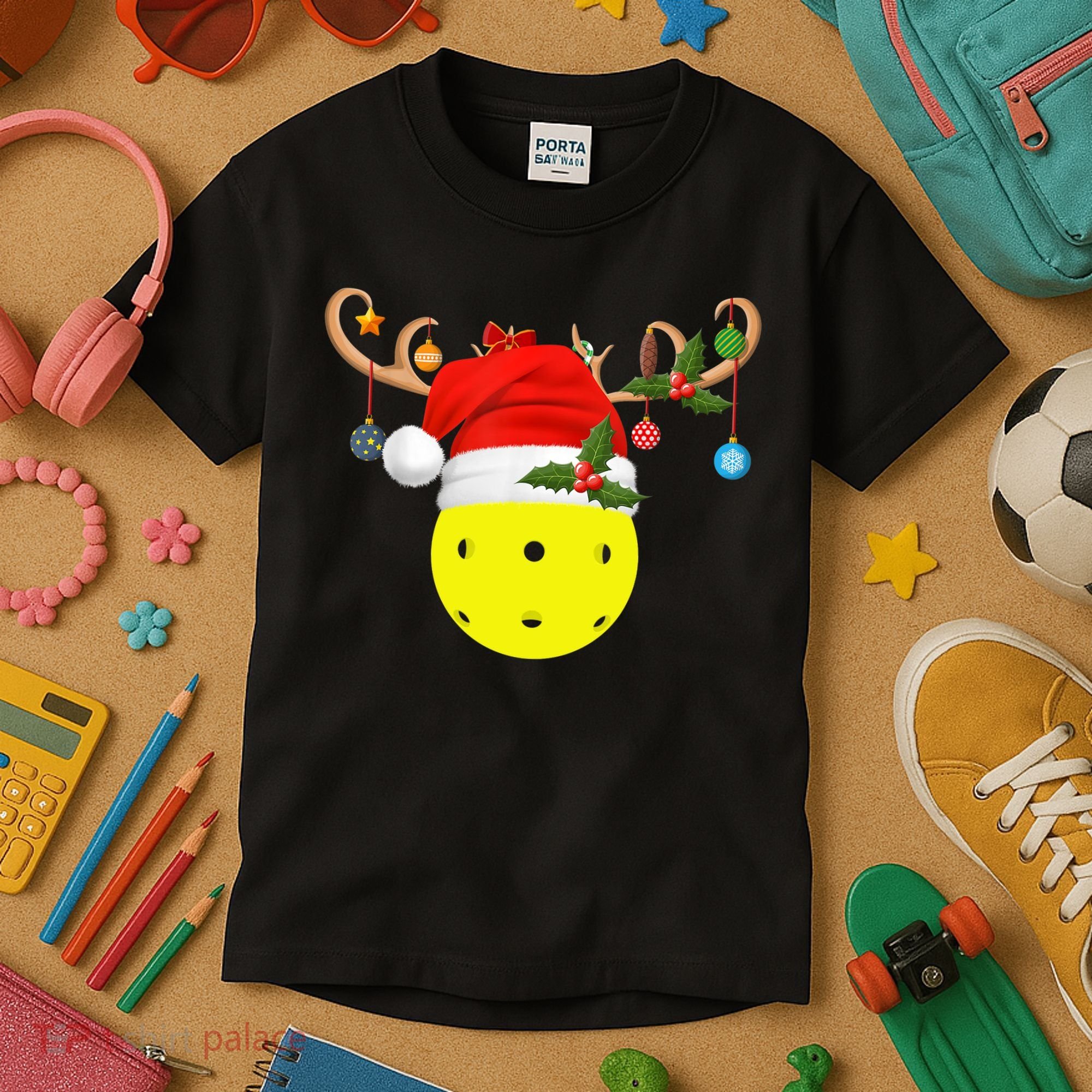 Pickleball Xmas Gift Reindeer Santa Hat Pickleball Christmas TShirt Kids T-Shirt