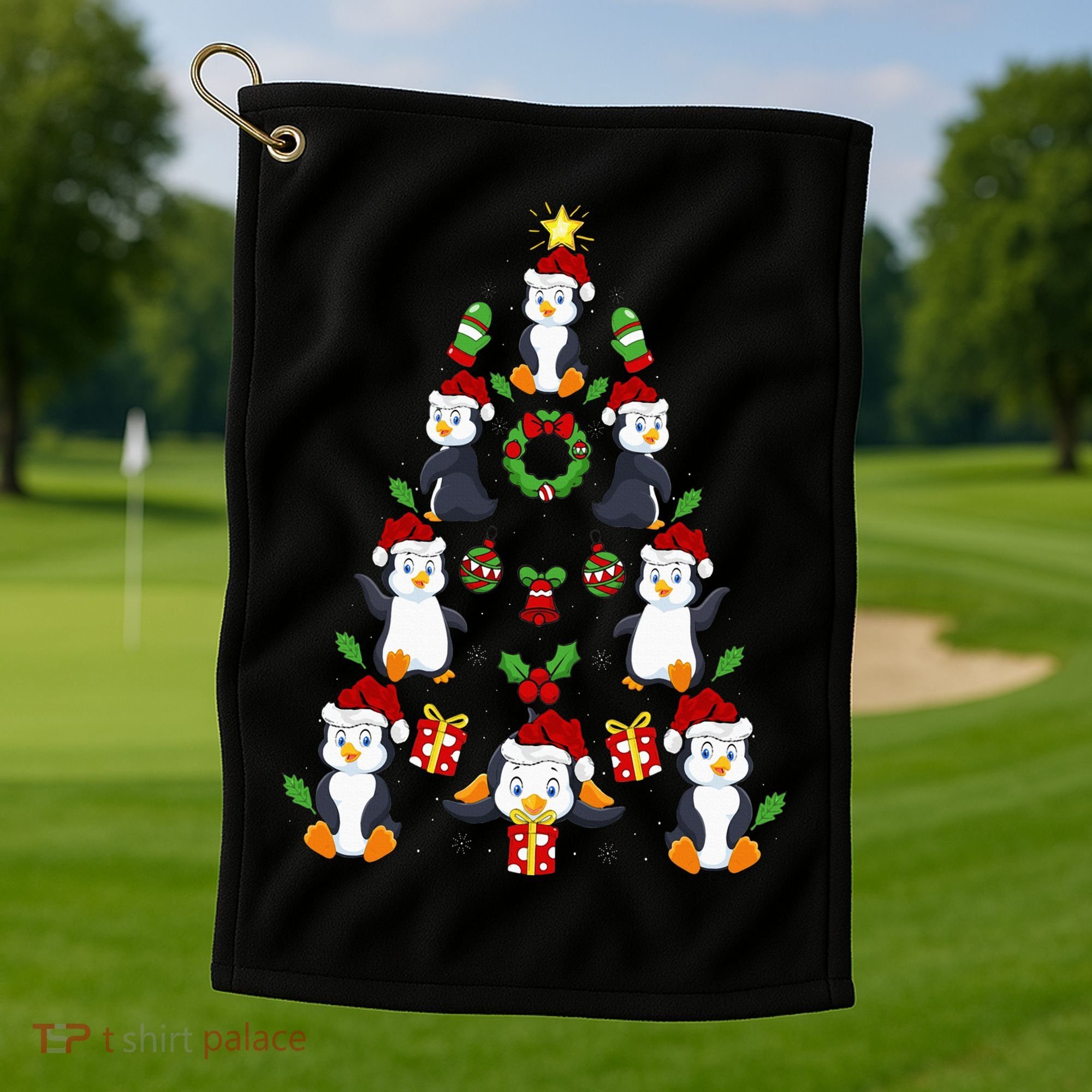Penguin Xmas Lighting Tree Penguin Christmas Golf Towel