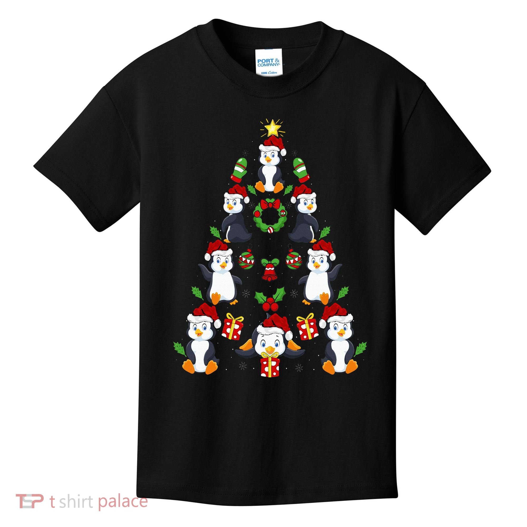 Penguin Xmas Lighting Tree Penguin Christmas Kids T-Shirt