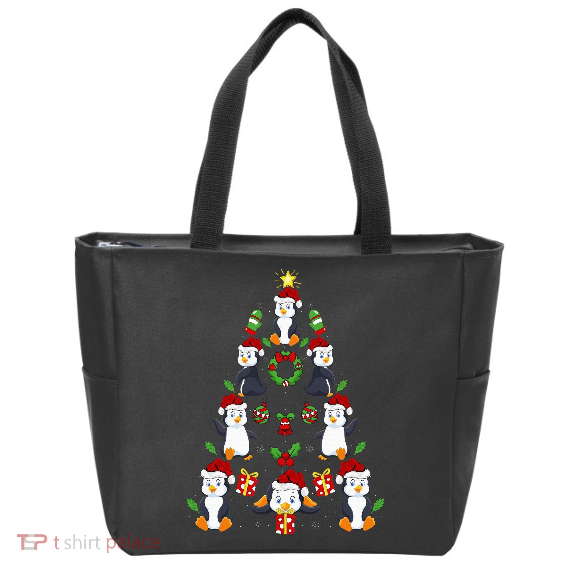 Penguin Xmas Lighting Tree Penguin Christmas Tote Bag
