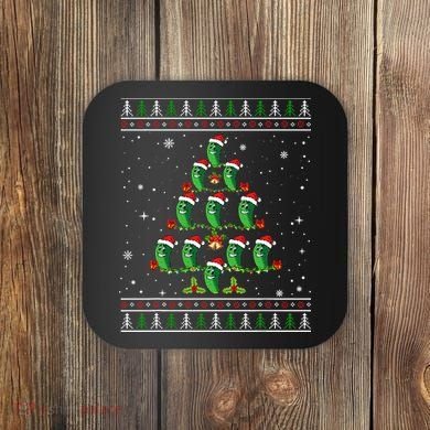 Pickle Xmas Tree Santa Hat Pickle Fruit Christmas Ugly Coaster
