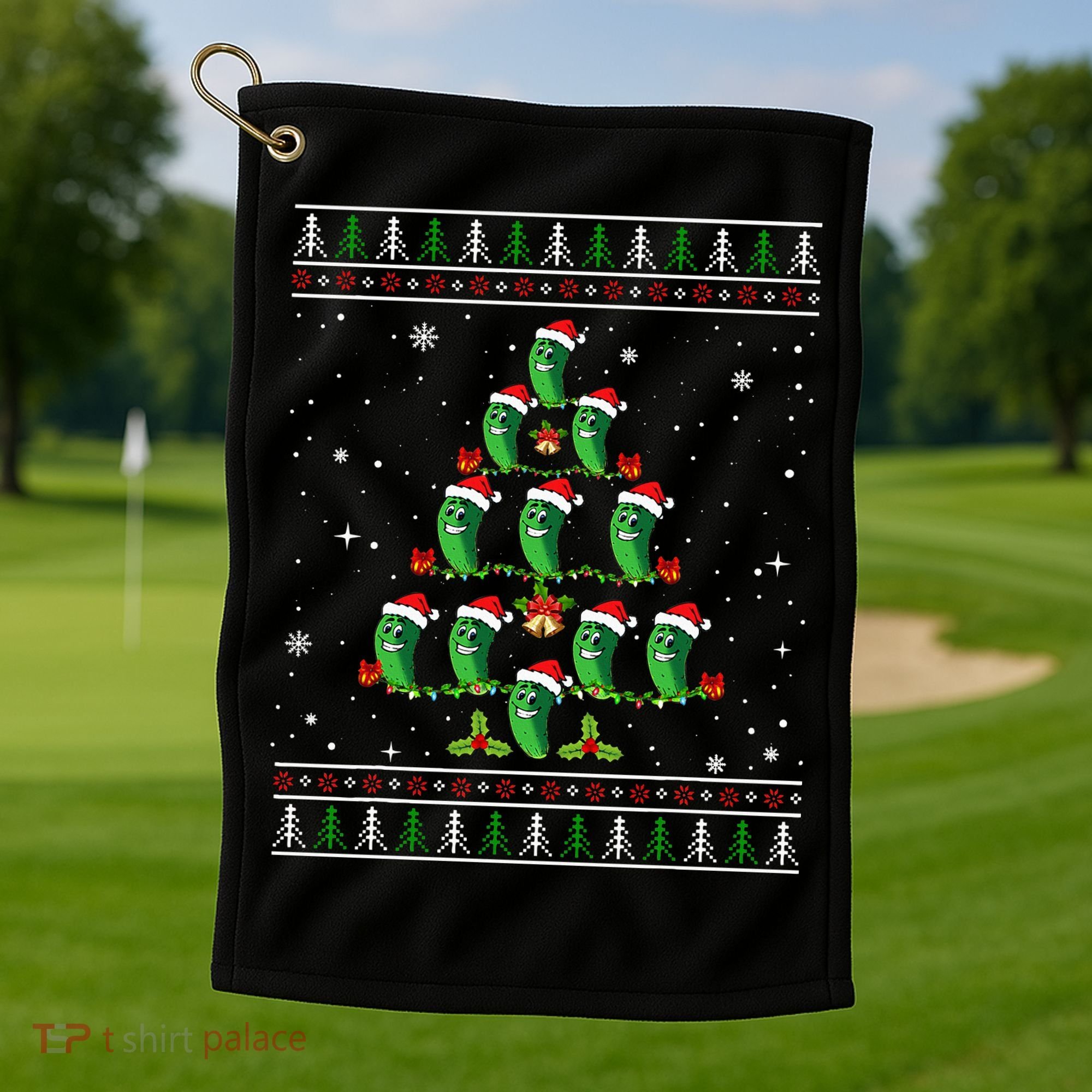 Pickle Xmas Tree Santa Hat Pickle Fruit Christmas Ugly Golf Towel