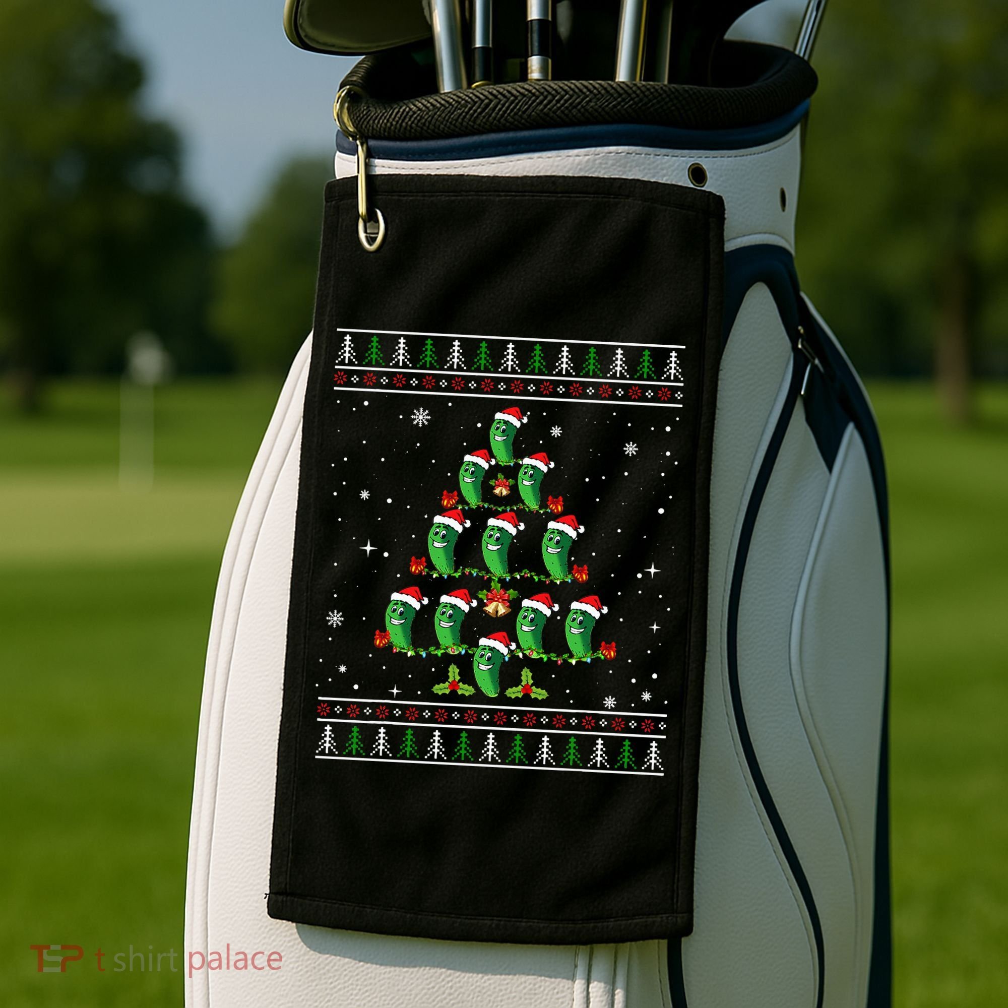 Pickle Xmas Tree Santa Hat Pickle Fruit Christmas Ugly Golf Towel