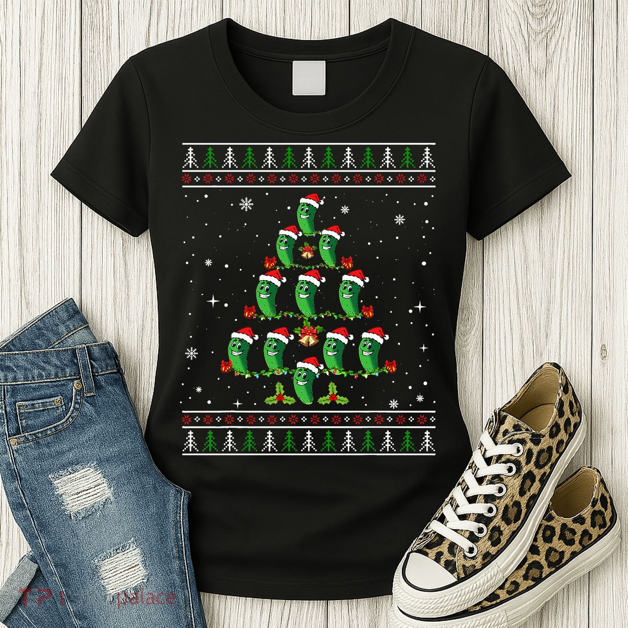 Pickle Xmas Tree Santa Hat Pickle Fruit Christmas Ugly Women's T-Shirt
