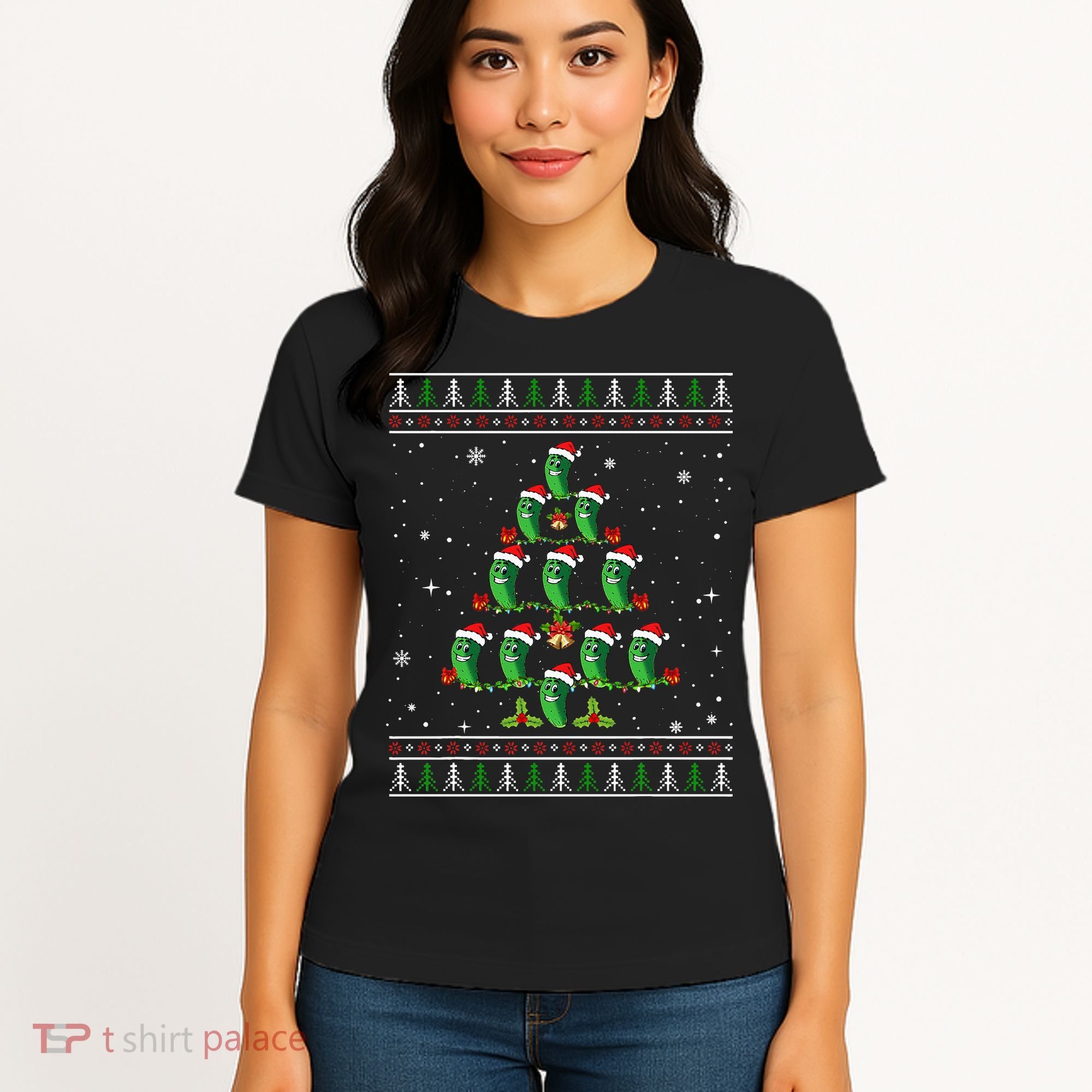Pickle Xmas Tree Santa Hat Pickle Fruit Christmas Ugly Women's T-Shirt