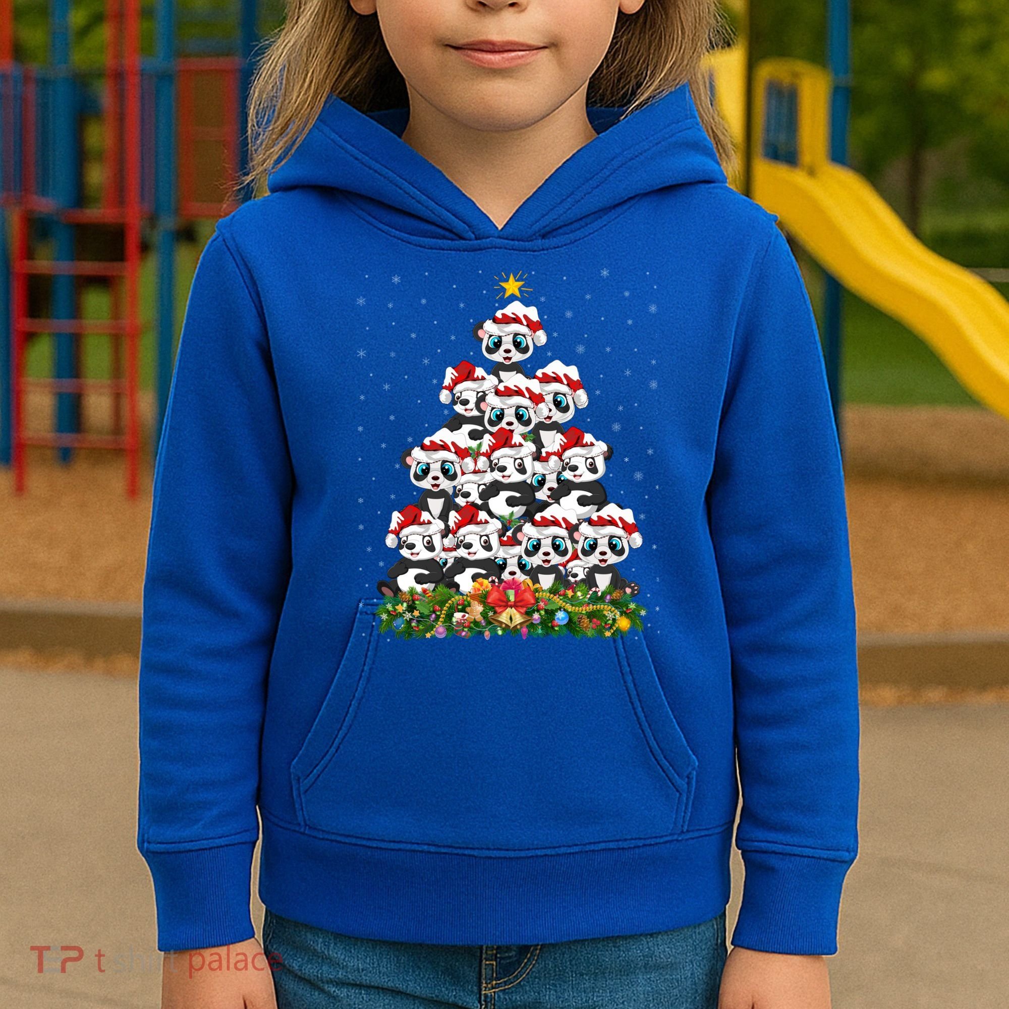 Panda Xmas Tree Lighting Santa Panda Christmas Gift Kids Hoodie