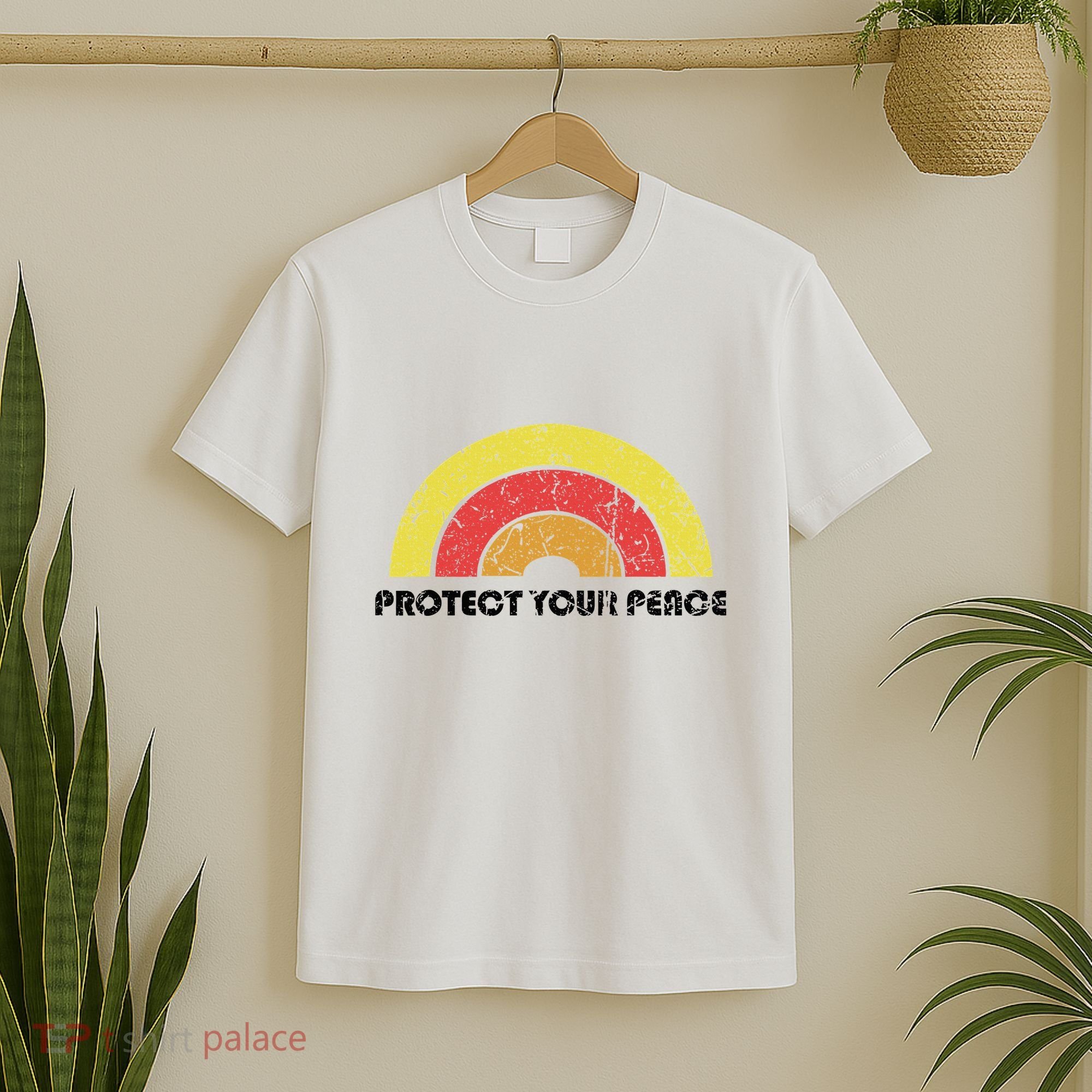 Protect Your Peace Mindful Yoga Vintage Rainbow Sun Boho Hip T-Shirt