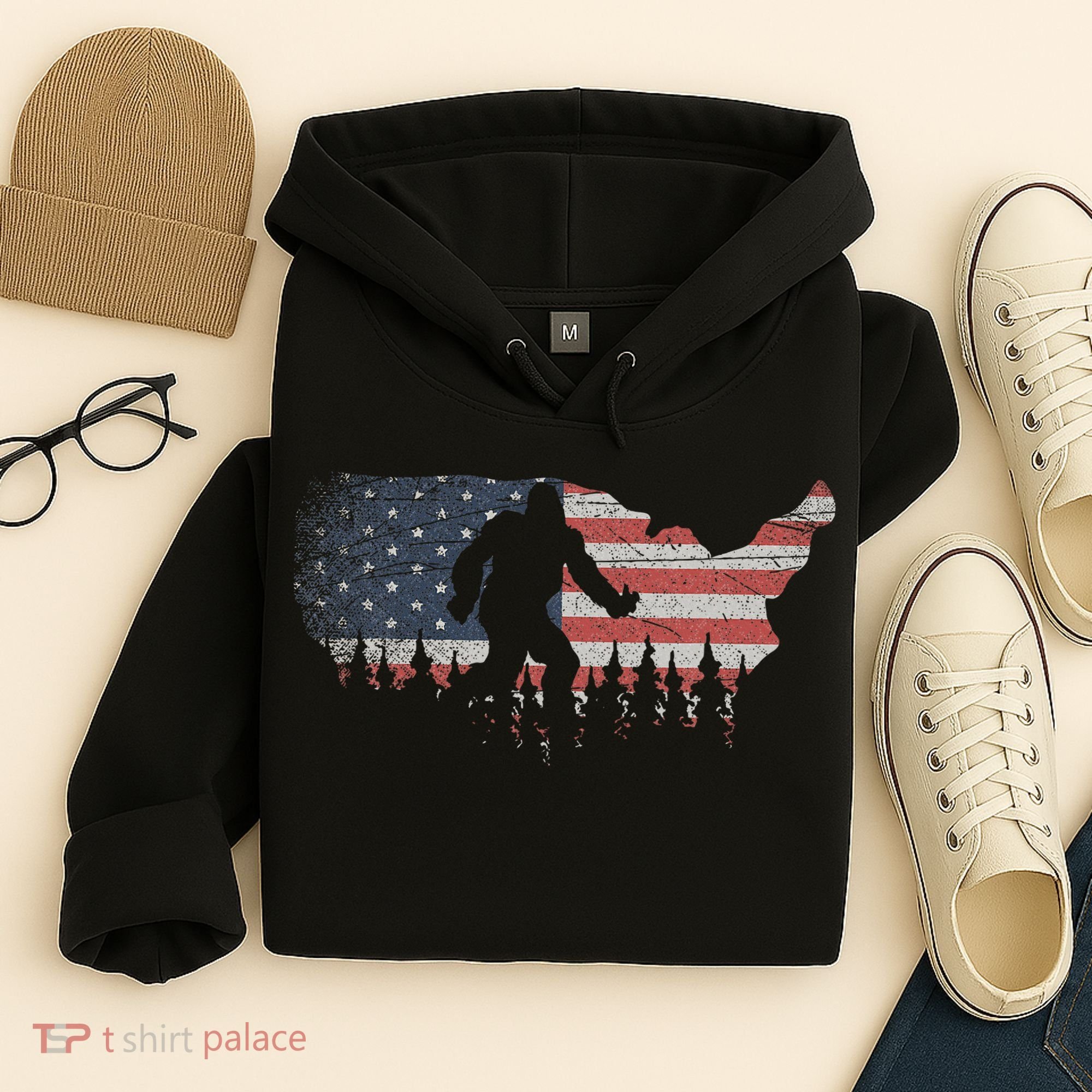 Patriotic Yeti Us Flag Sasquatch Cryptozoology Gift Bigfoot Hoodie