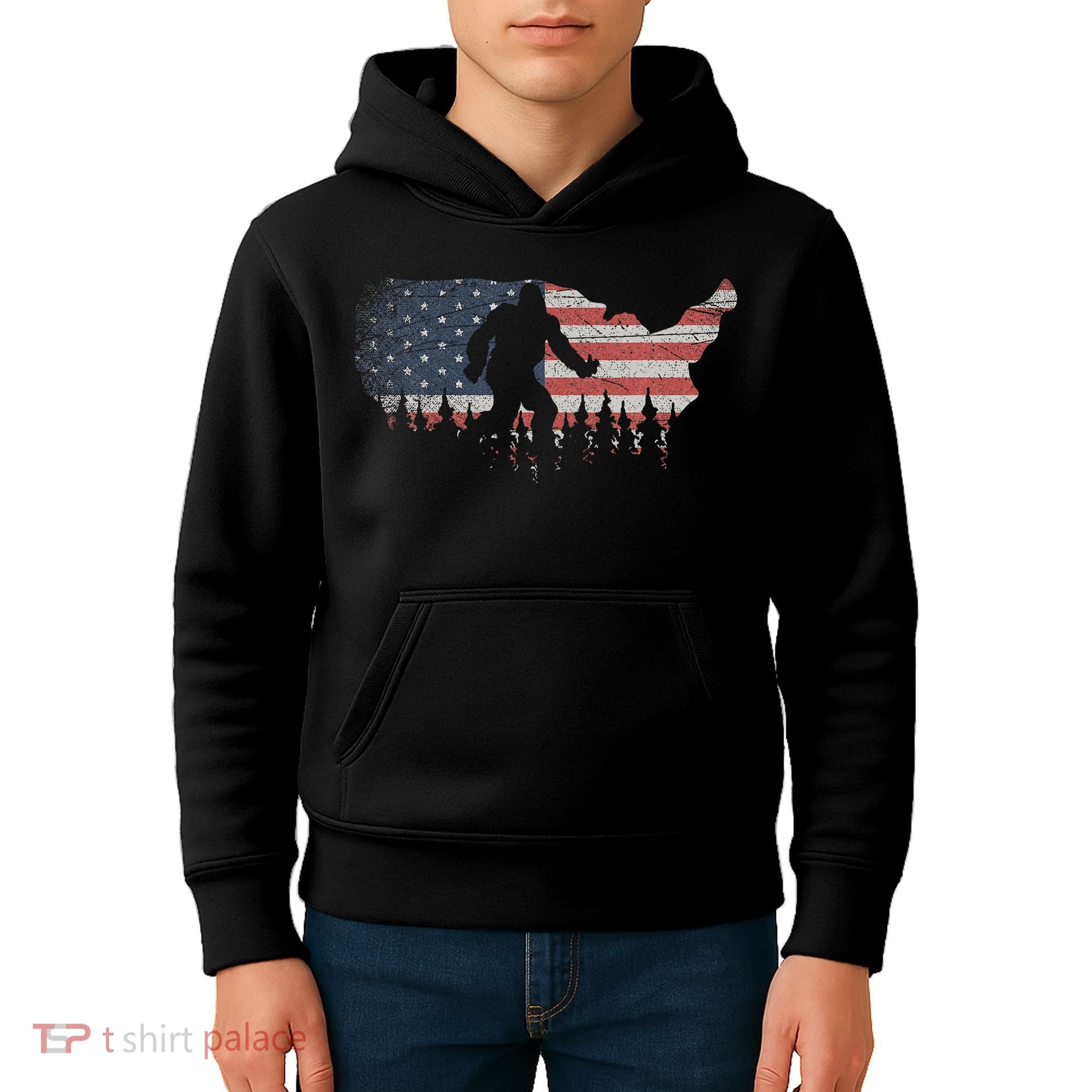 Patriotic Yeti Us Flag Sasquatch Cryptozoology Gift Bigfoot Kids Hoodie