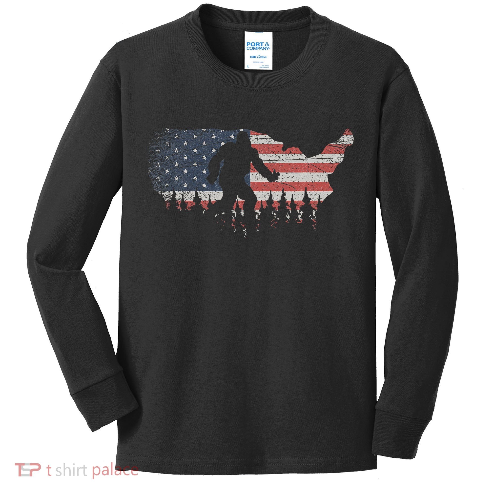 Patriotic Yeti Us Flag Sasquatch Cryptozoology Gift Bigfoot Kids Long Sleeve Shirt