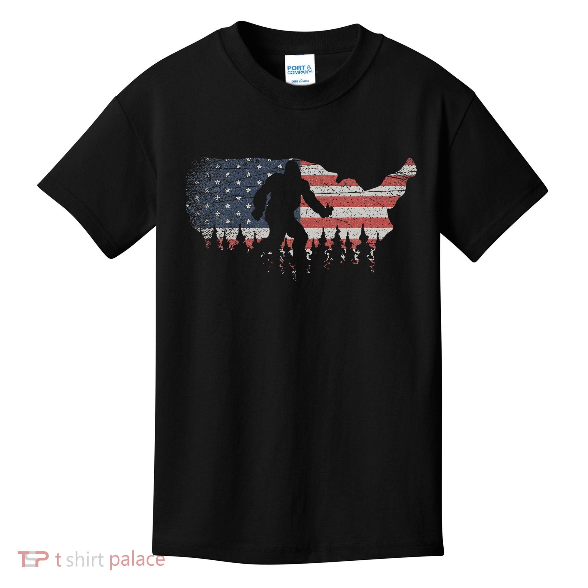 Patriotic Yeti Us Flag Sasquatch Cryptozoology Gift Bigfoot Kids T-Shirt