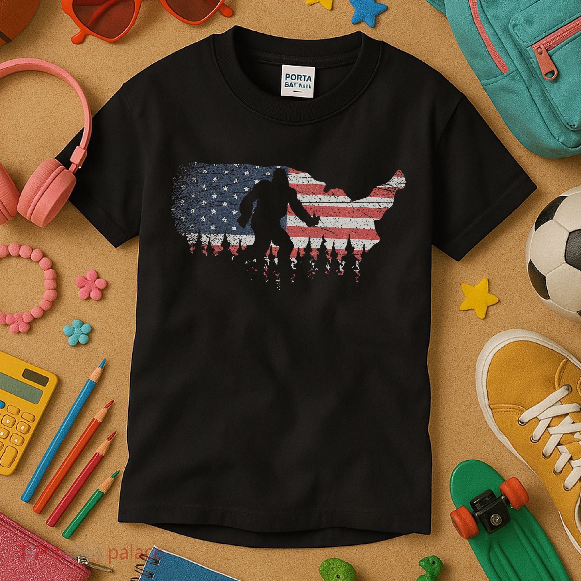 Patriotic Yeti Us Flag Sasquatch Cryptozoology Gift Bigfoot Kids T-Shirt