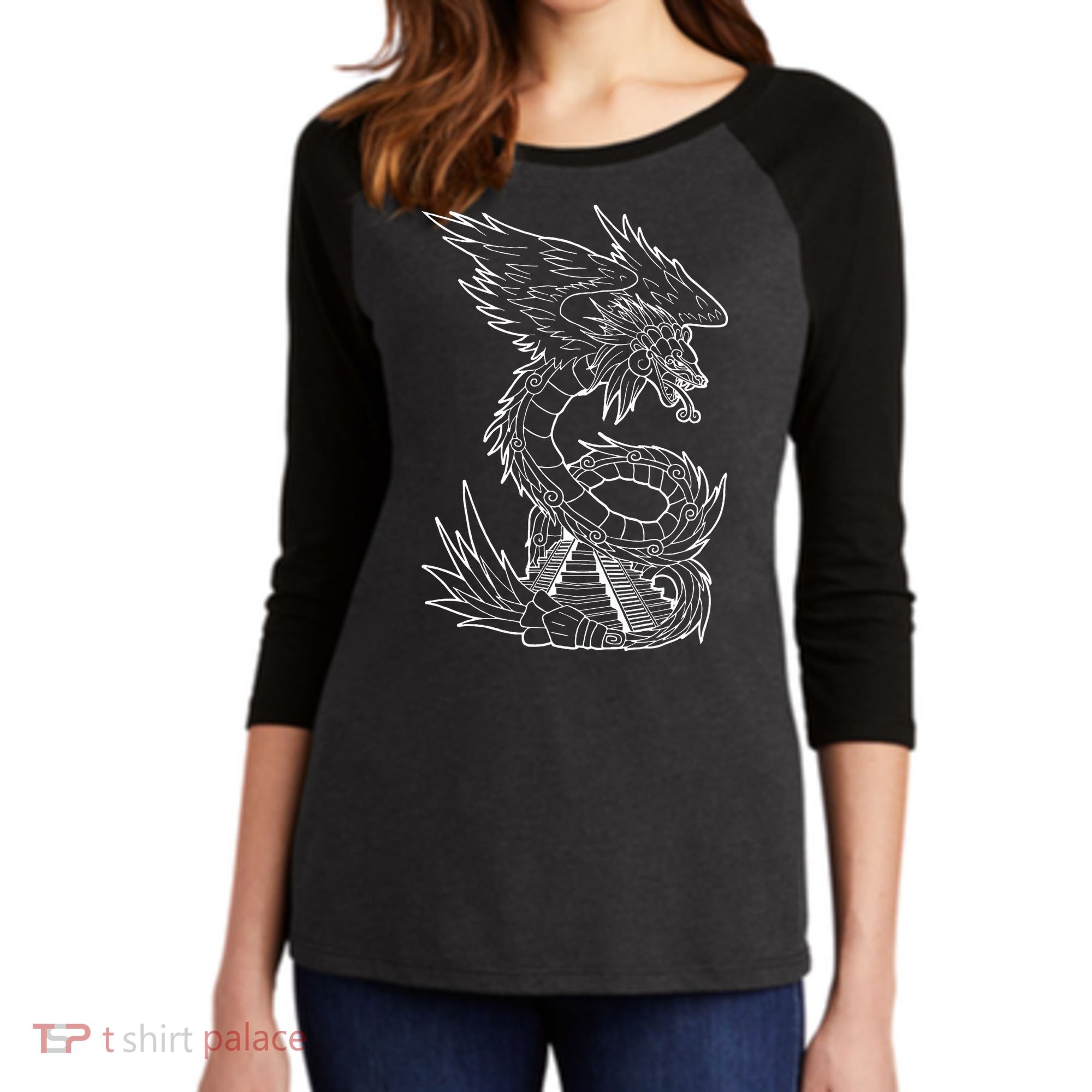 Quetzalcoatl Ancient Aztec Serpent Mayan Temple Inca Toltec Women's Tri-Blend 3/4-Sleeve Raglan Shirt