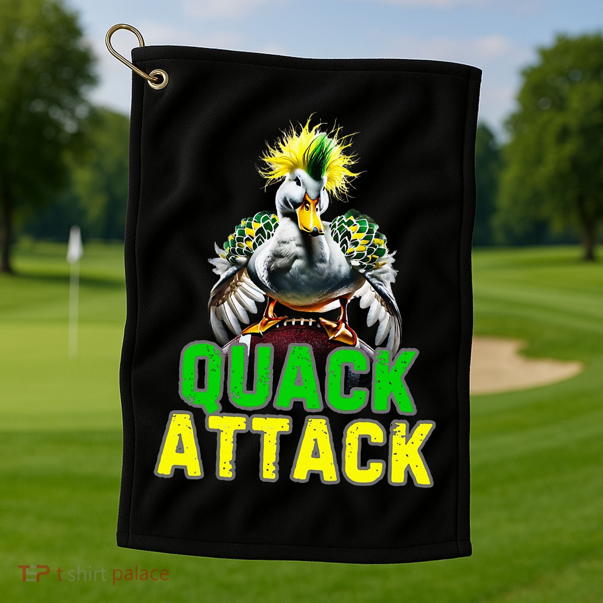 Quack Attack By Angry White Green And Yellow Duck Golf Towel