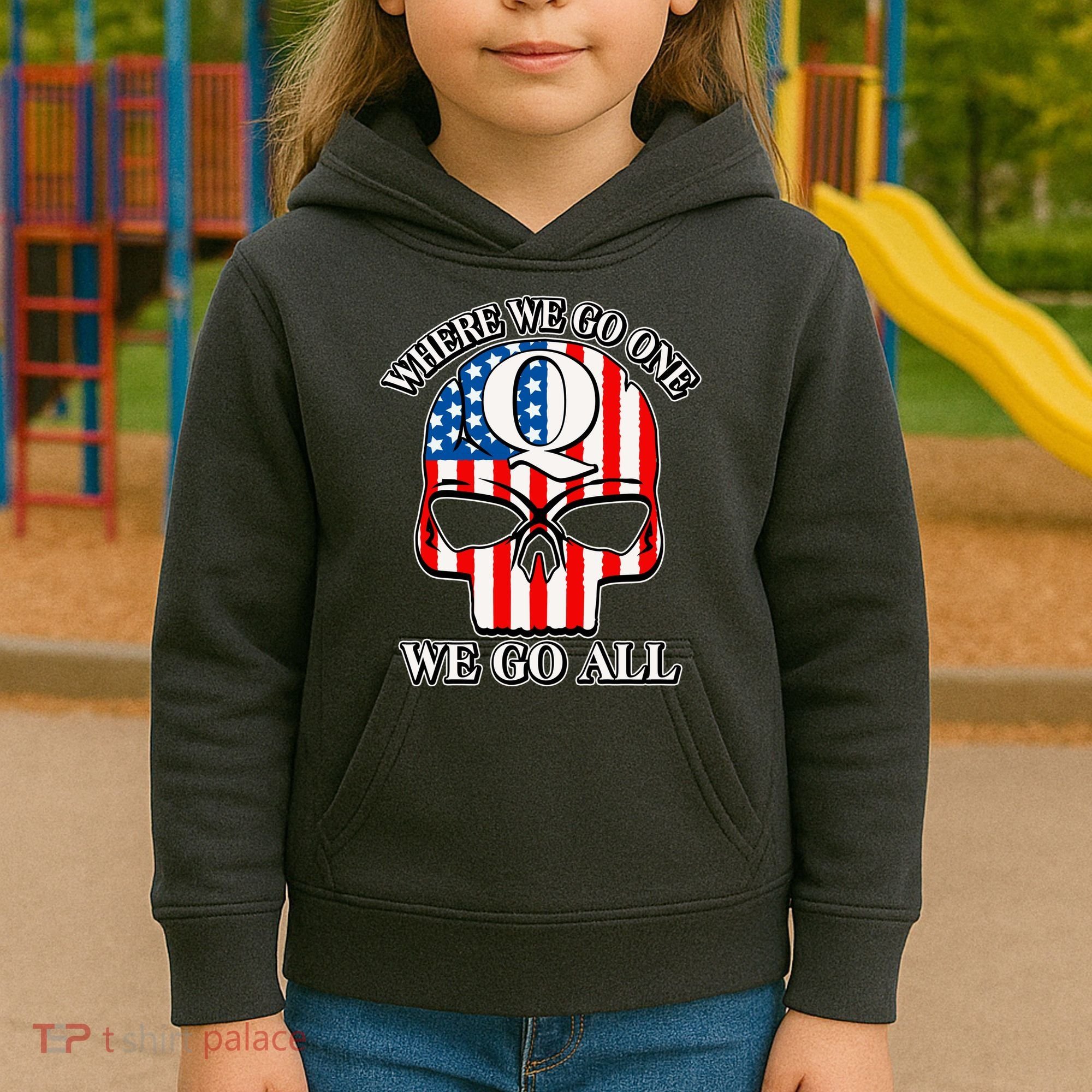 QAnon American Flag Skull Kids Hoodie