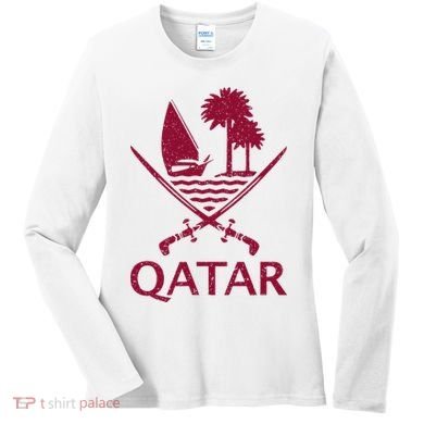 Qatar Flag Qatari Emblem Arms Women's Long Sleeve Shirt