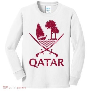 Qatar Flag Qatari Emblem Arms Kids Long Sleeve Shirt