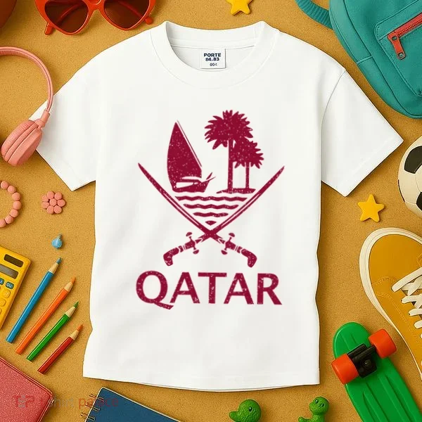 Qatar Flag Qatari Emblem Arms Kids T-Shirt
