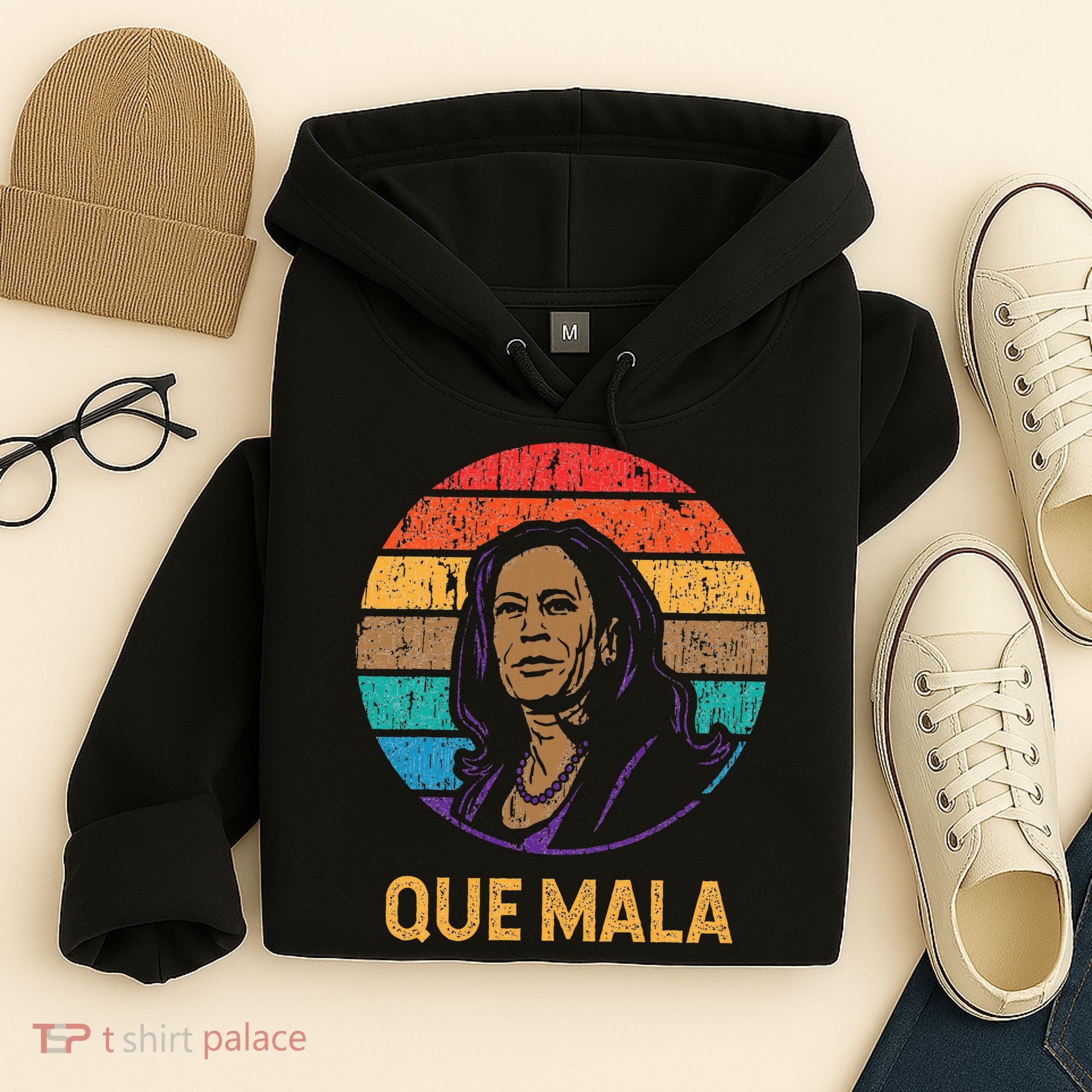 Que Mala Harris Retro Sunset Border Crisis Political Hoodie