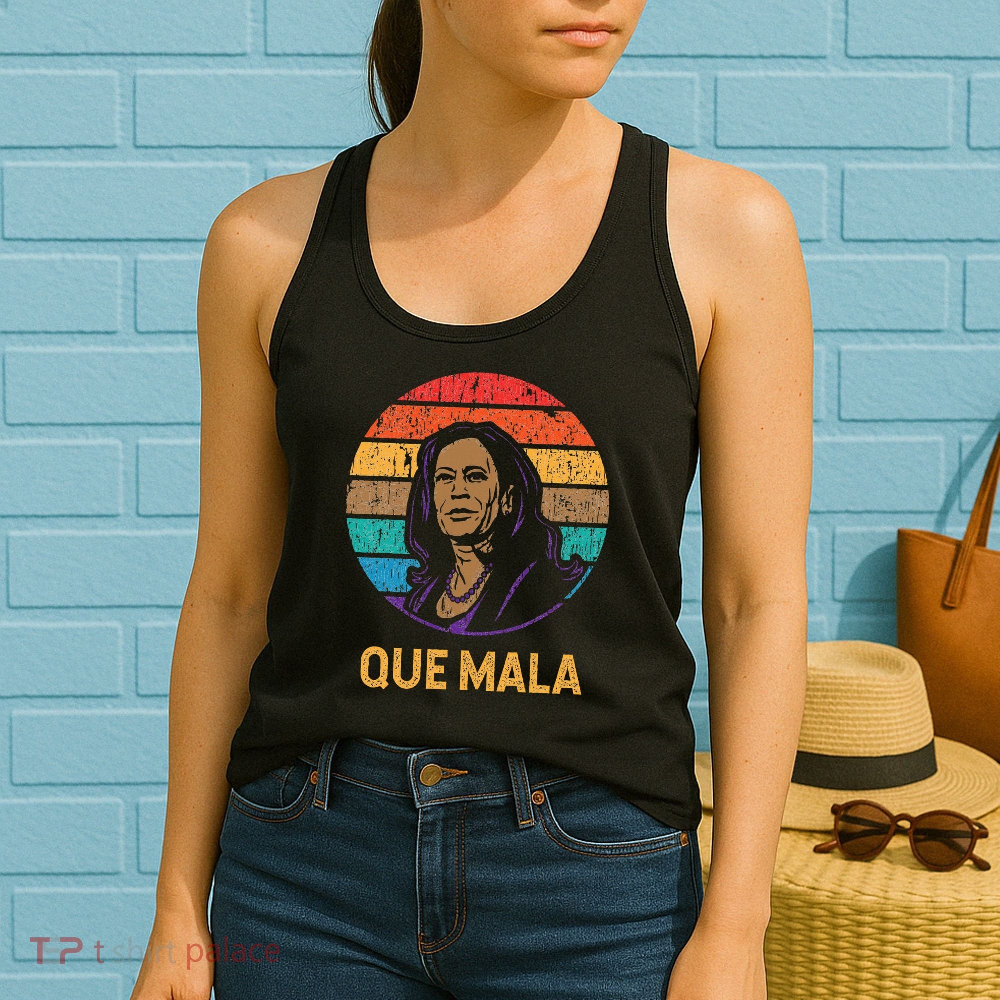 Que Mala Harris Retro Sunset Border Crisis Political Women's Tank Top