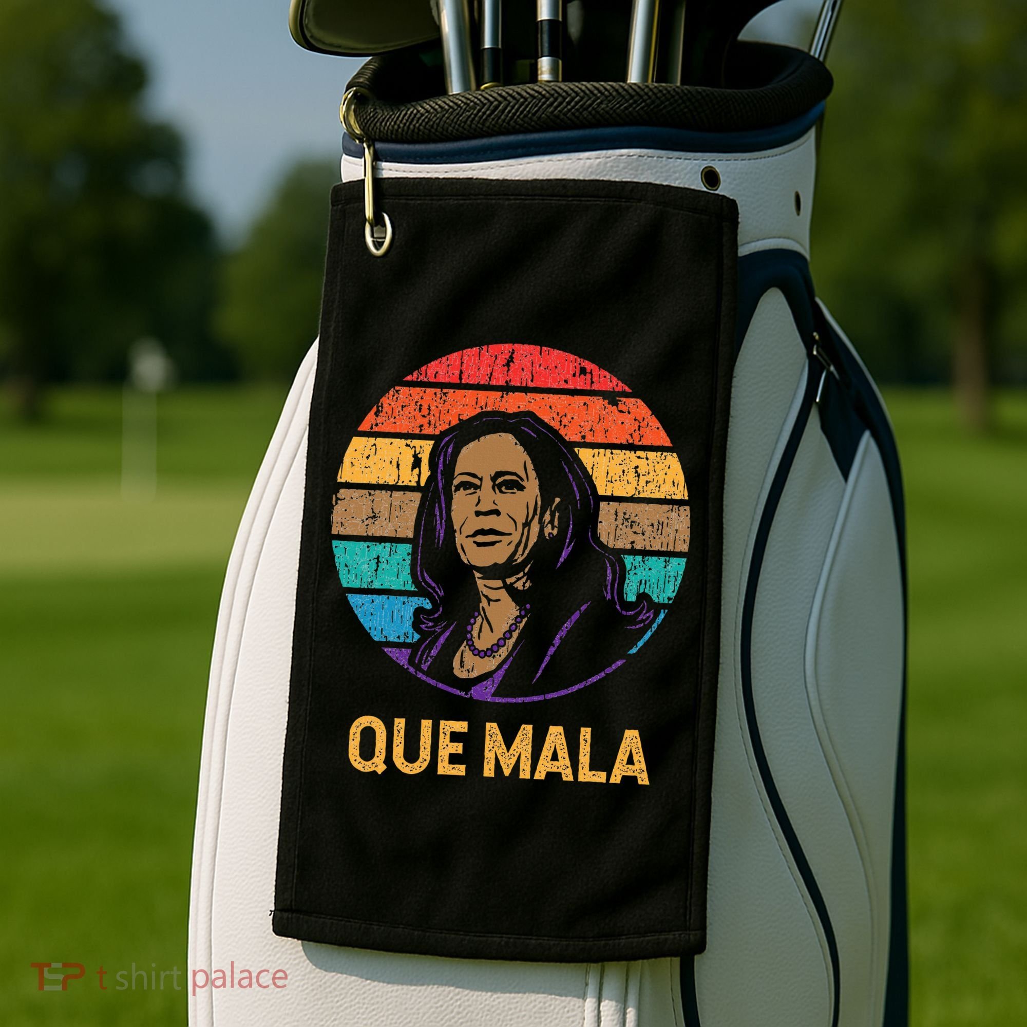 Que Mala Harris Retro Sunset Border Crisis Political Golf Towel