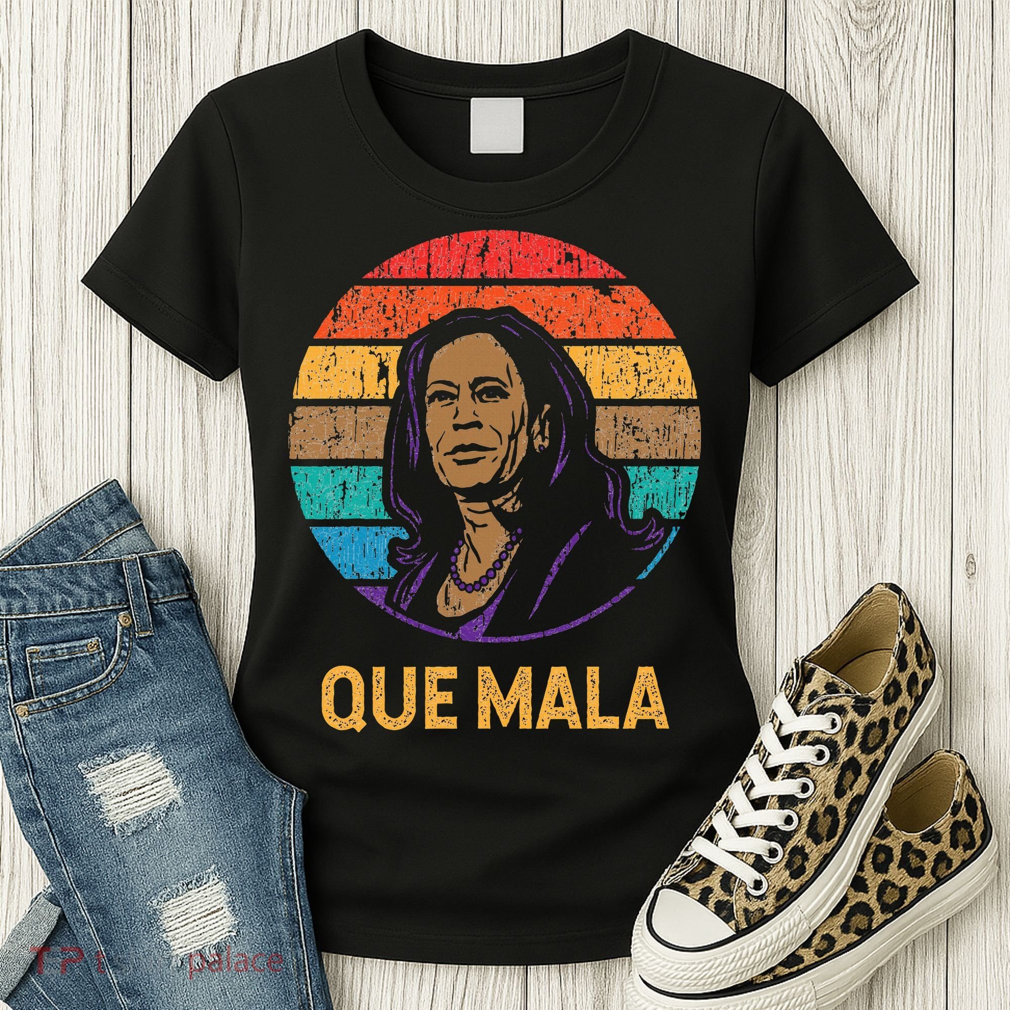 Que Mala Harris Retro Sunset Border Crisis Political Women's T-Shirt