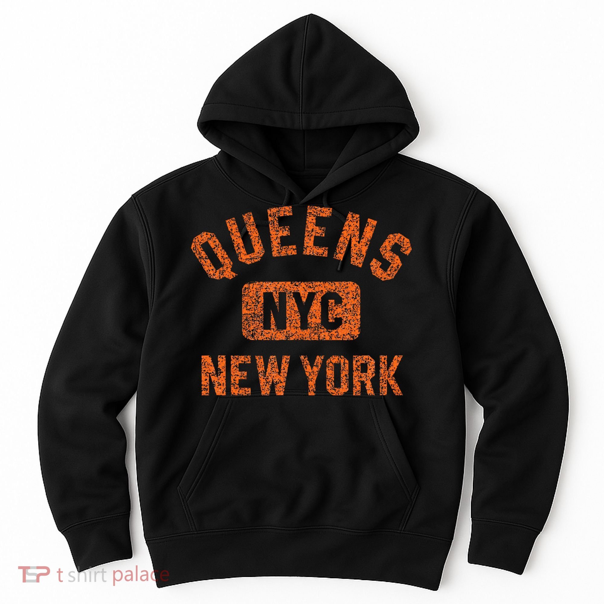 Queens Nyc New York Gym Style Distressed Orange Print Hoodie