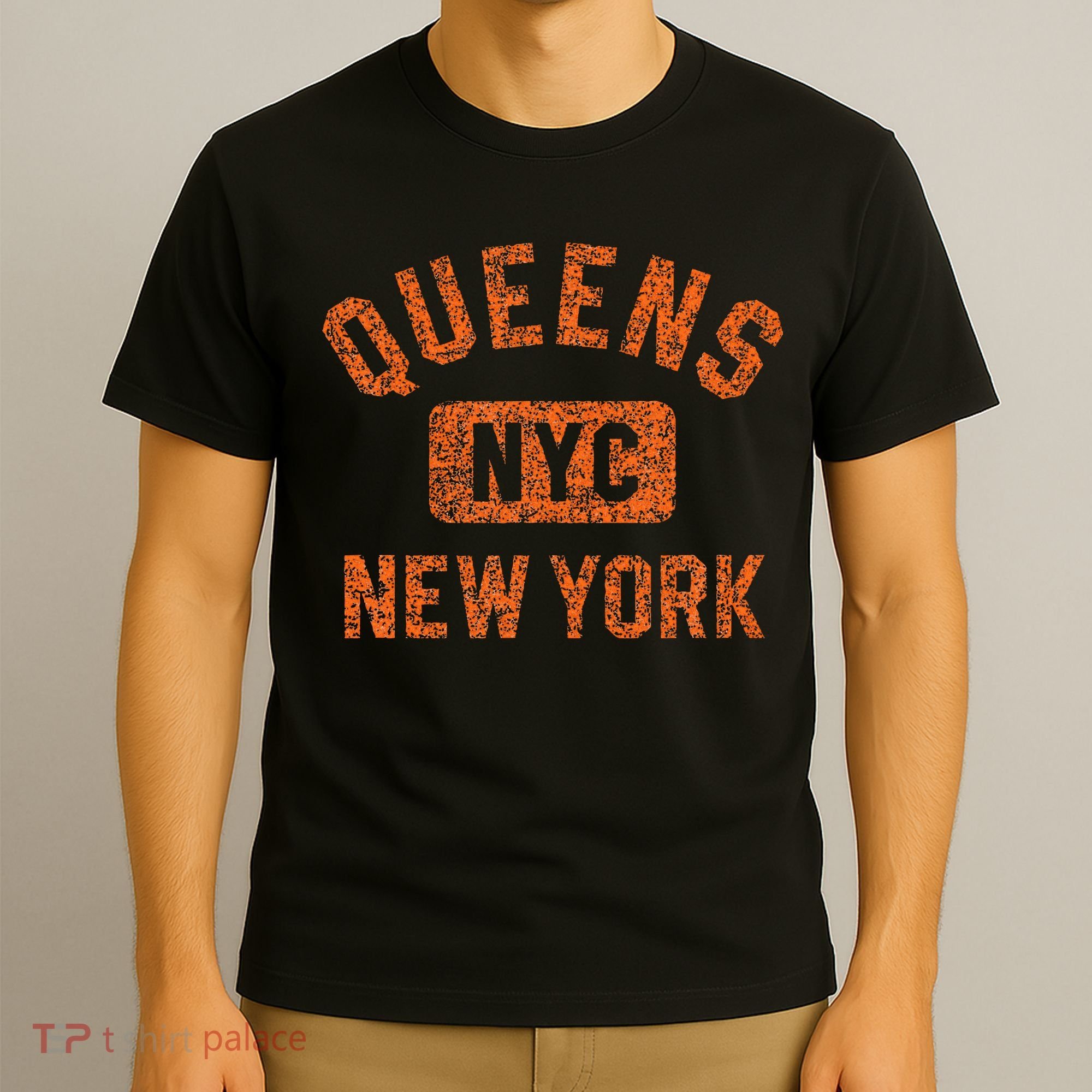 Queens Nyc New York Gym Style Distressed Orange Print T-Shirt