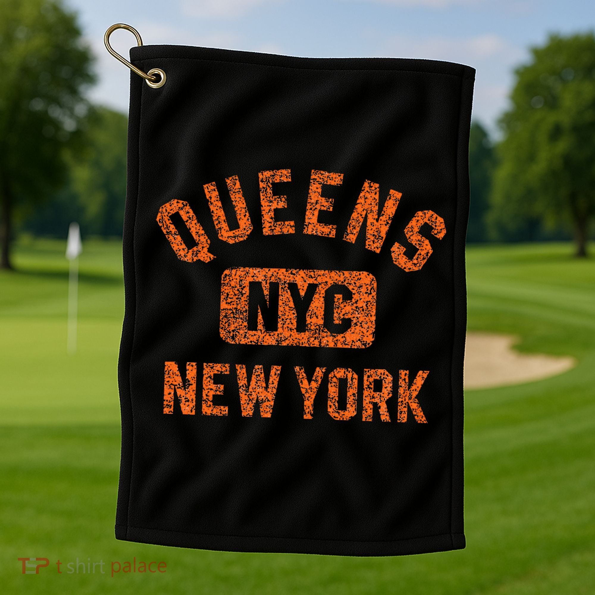 Queens Nyc New York Gym Style Distressed Orange Print Golf Towel