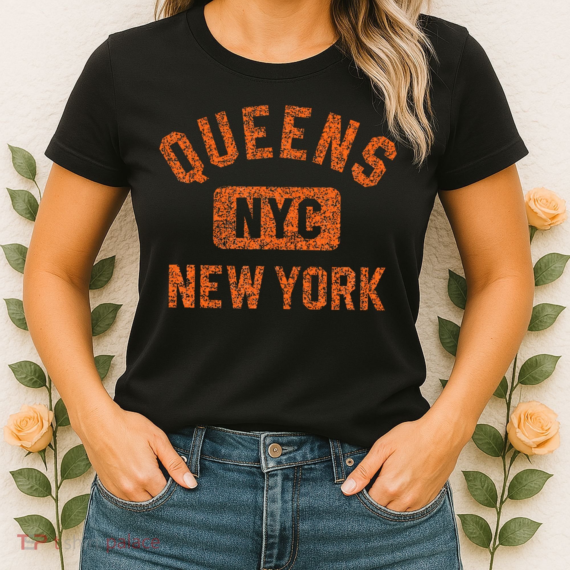 Queens Nyc New York Gym Style Distressed Orange Print Women's T-Shirt