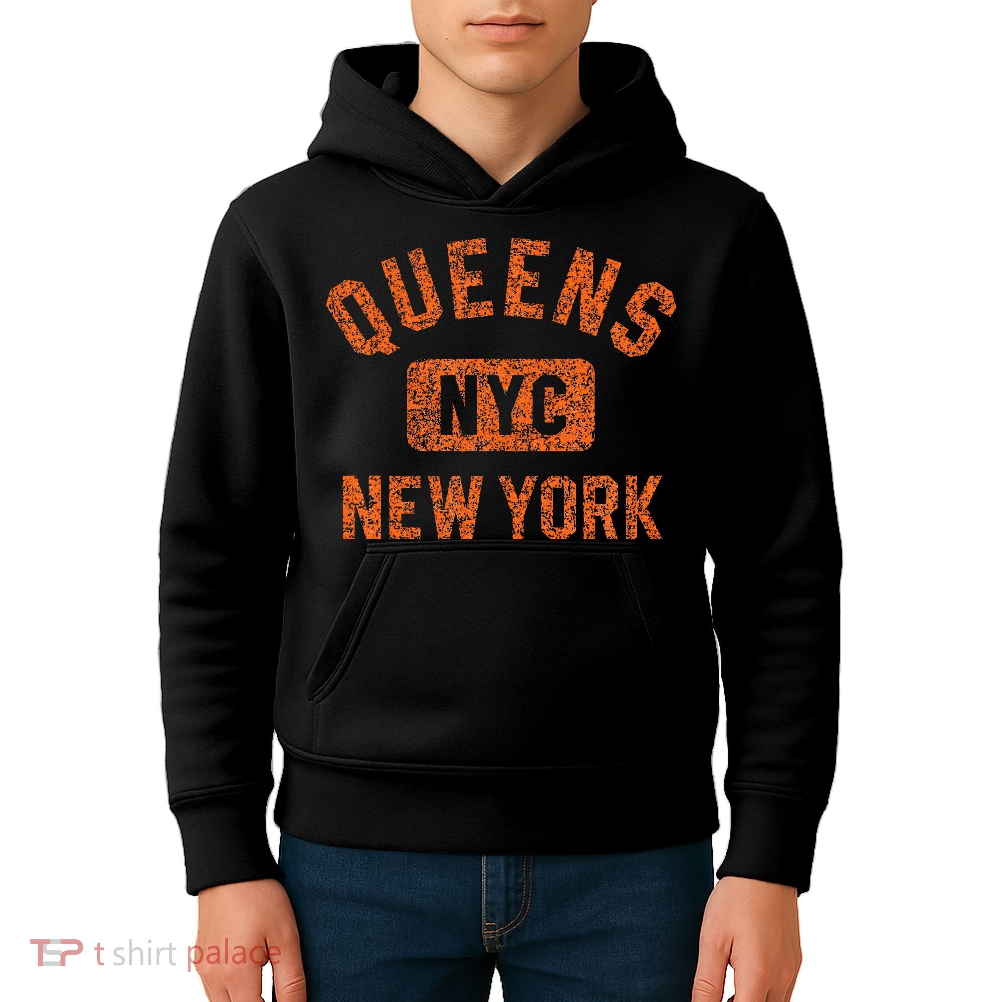 Queens Nyc New York Gym Style Distressed Orange Print Kids Hoodie