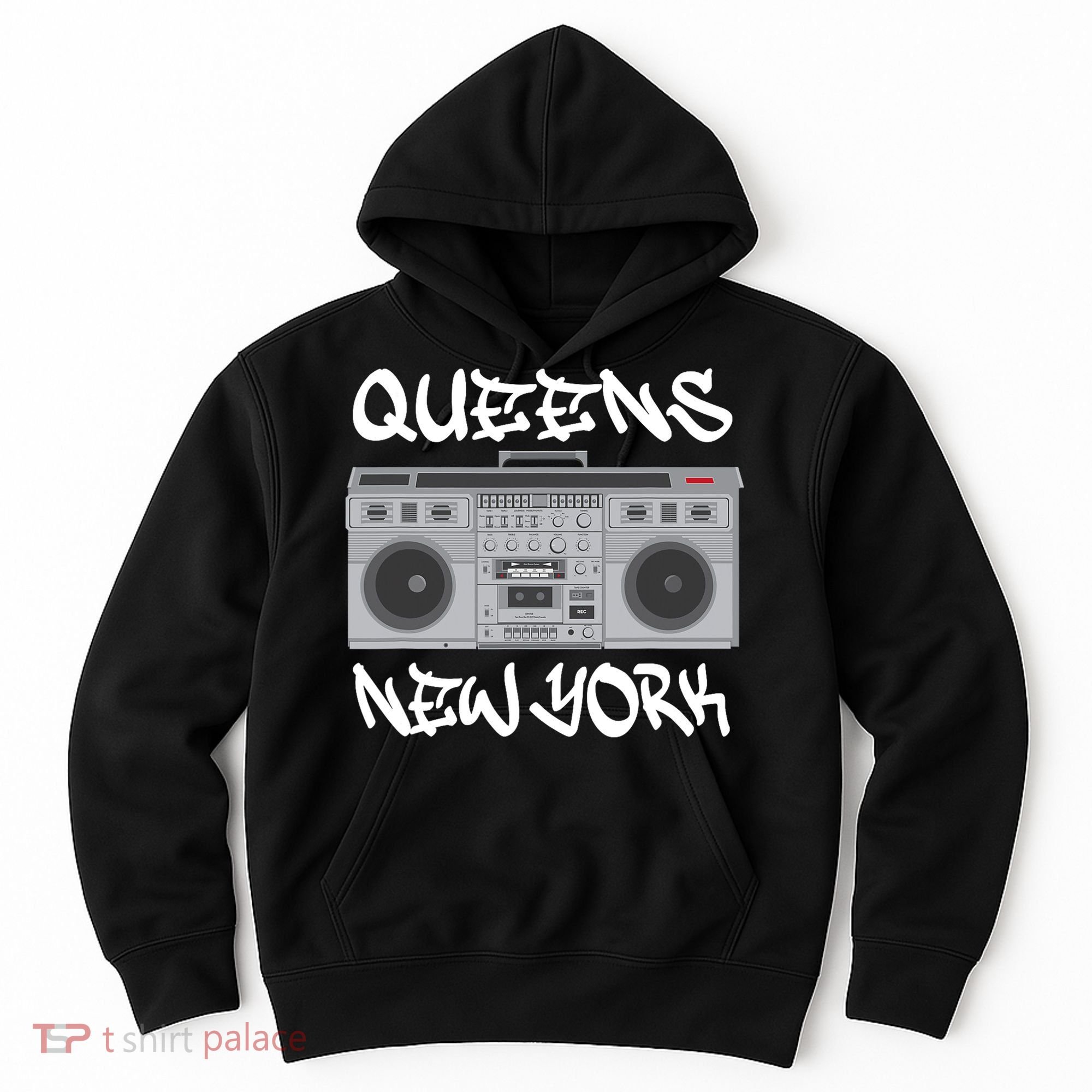 Queens New York Boom Box Graffiti Lettering Hoodie