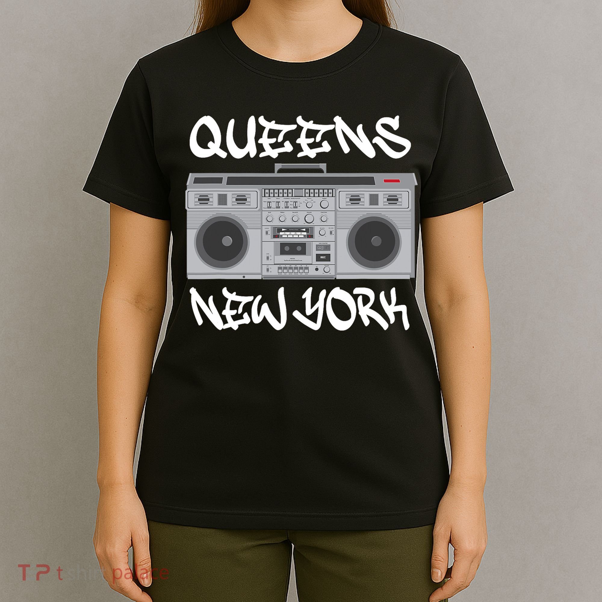Queens New York Boom Box Graffiti Lettering T-Shirt