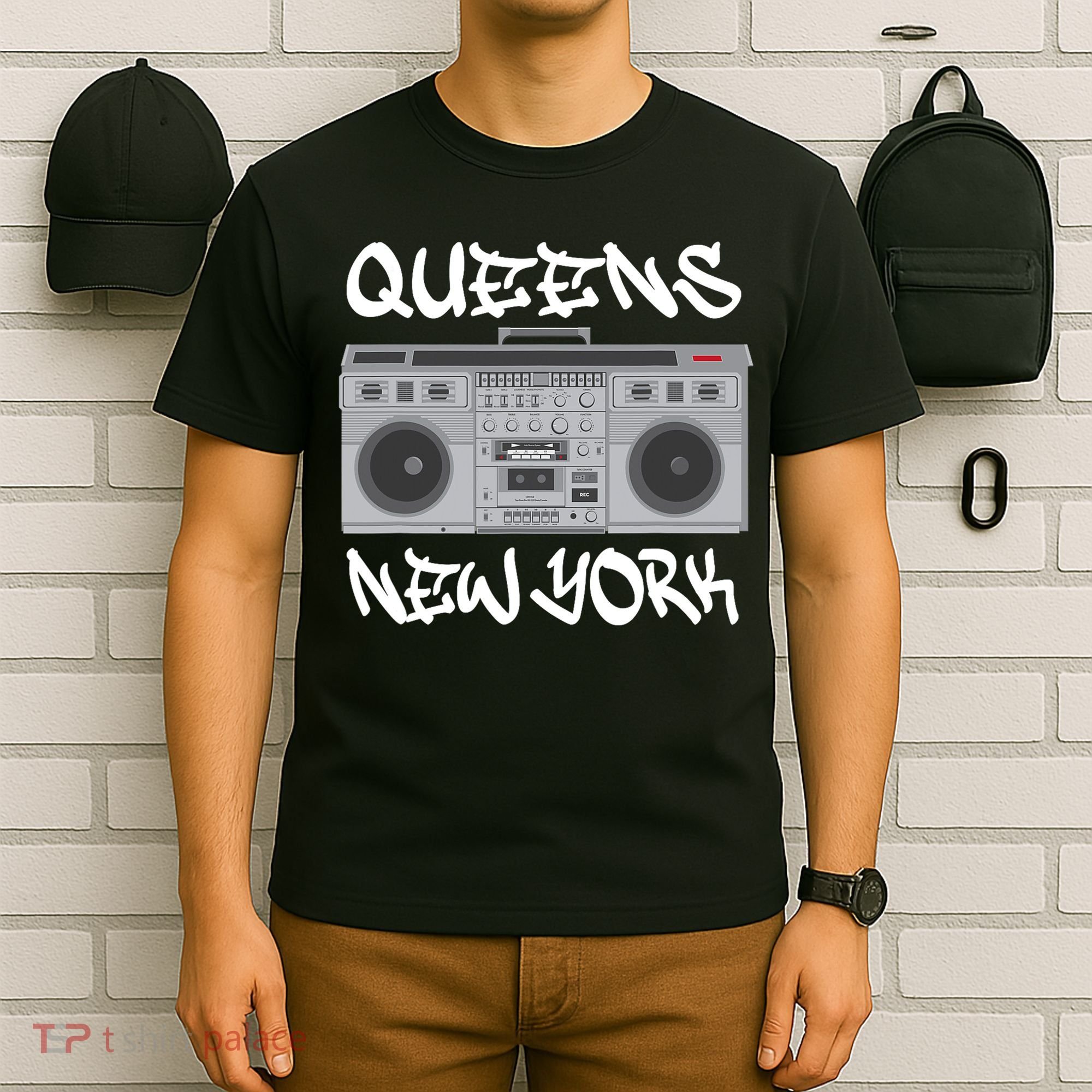Queens New York Boom Box Graffiti Lettering T-Shirt