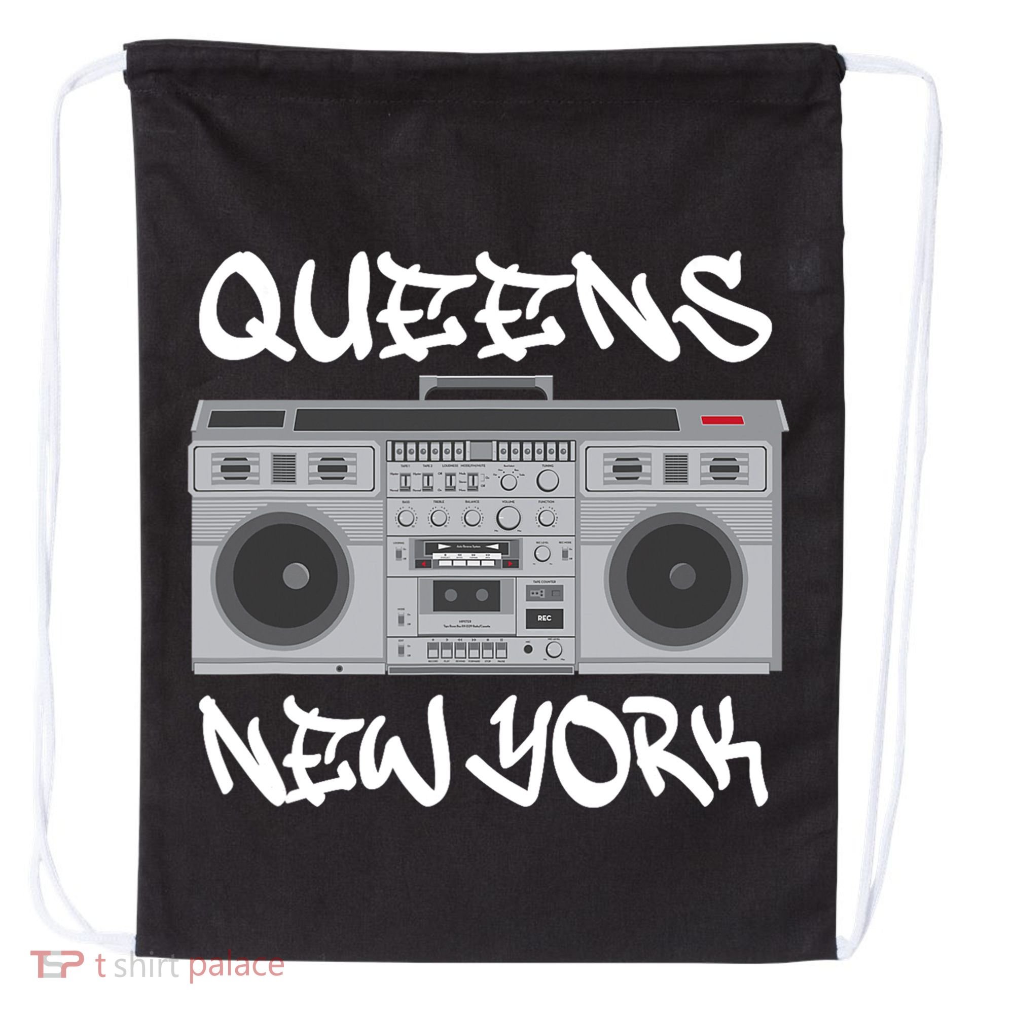 Queens New York Boom Box Graffiti Lettering Drawstring Bag