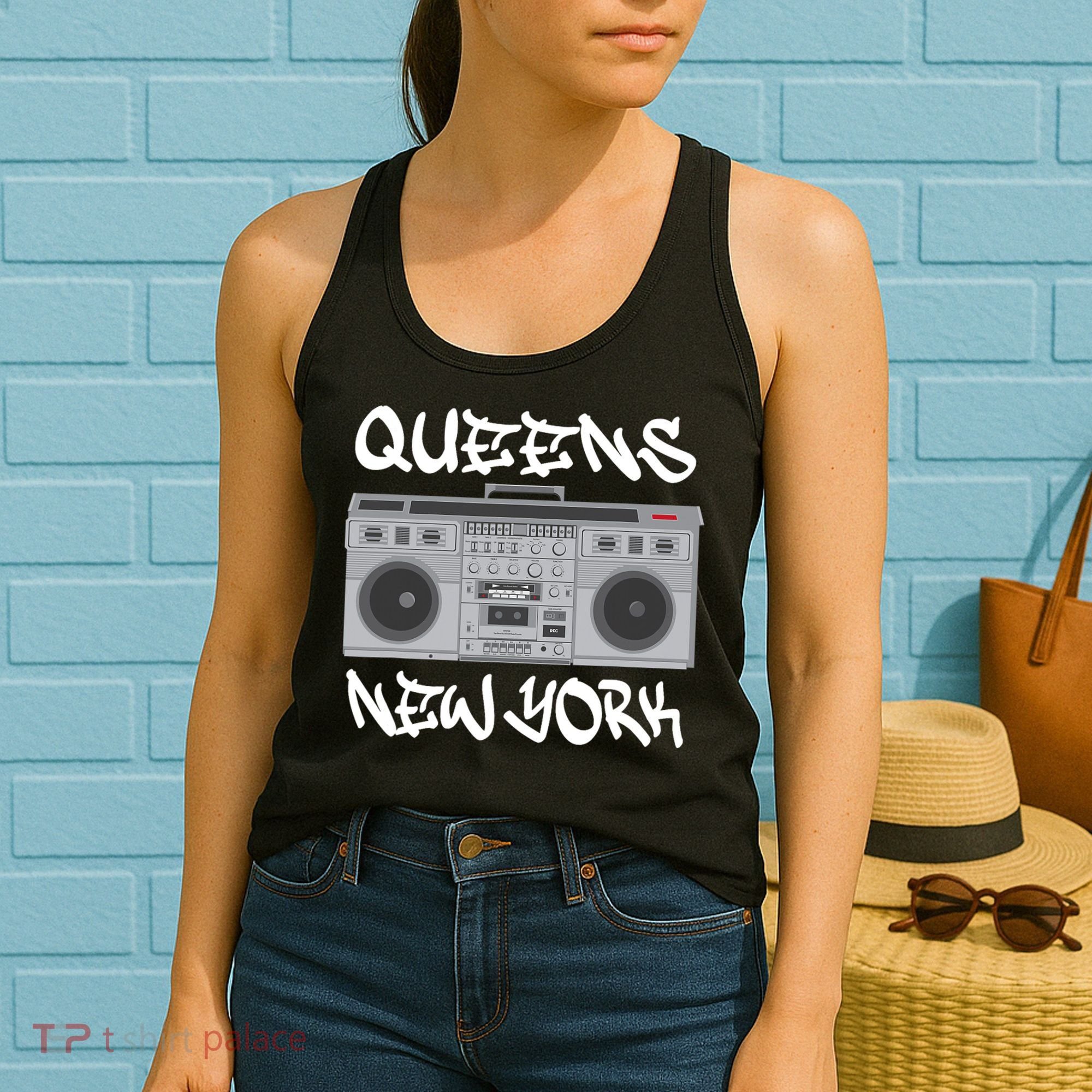 Queens New York Boom Box Graffiti Lettering Women's Tank Top