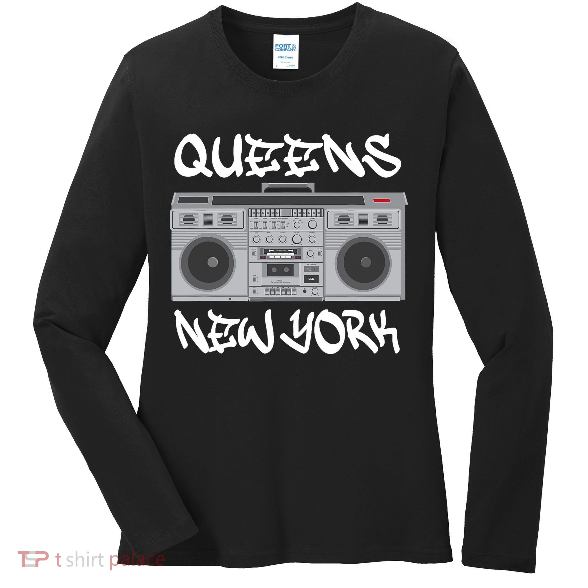Queens New York Boom Box Graffiti Lettering Women's Long Sleeve Shirt