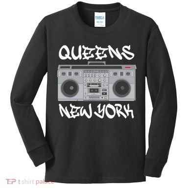 Queens New York Boom Box Graffiti Lettering Kids Long Sleeve Shirt