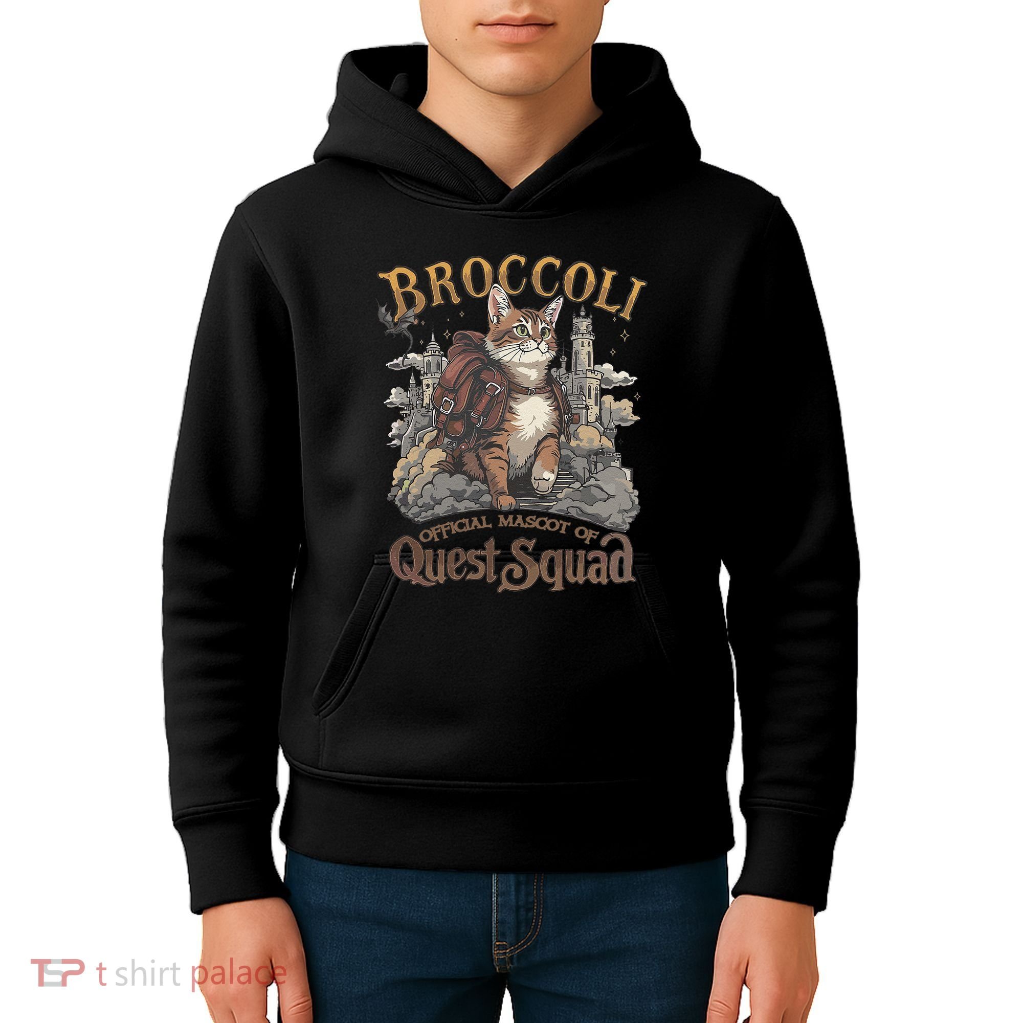 Quest Squad Broccoli Funny Cat Meme Cat Lover Bookworms Kids Hoodie