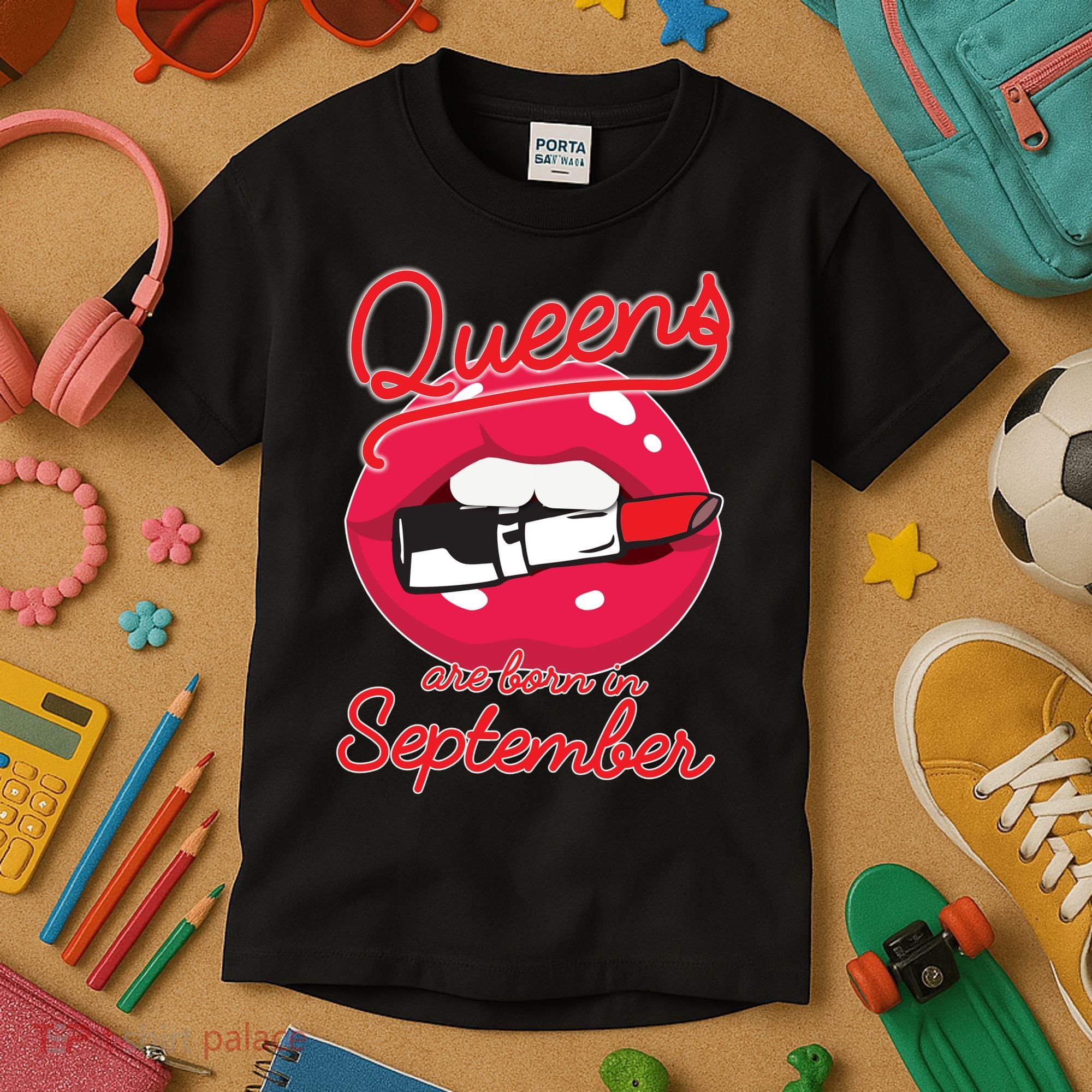 Queens Are Born in September Lipstick Kids T-Shirt