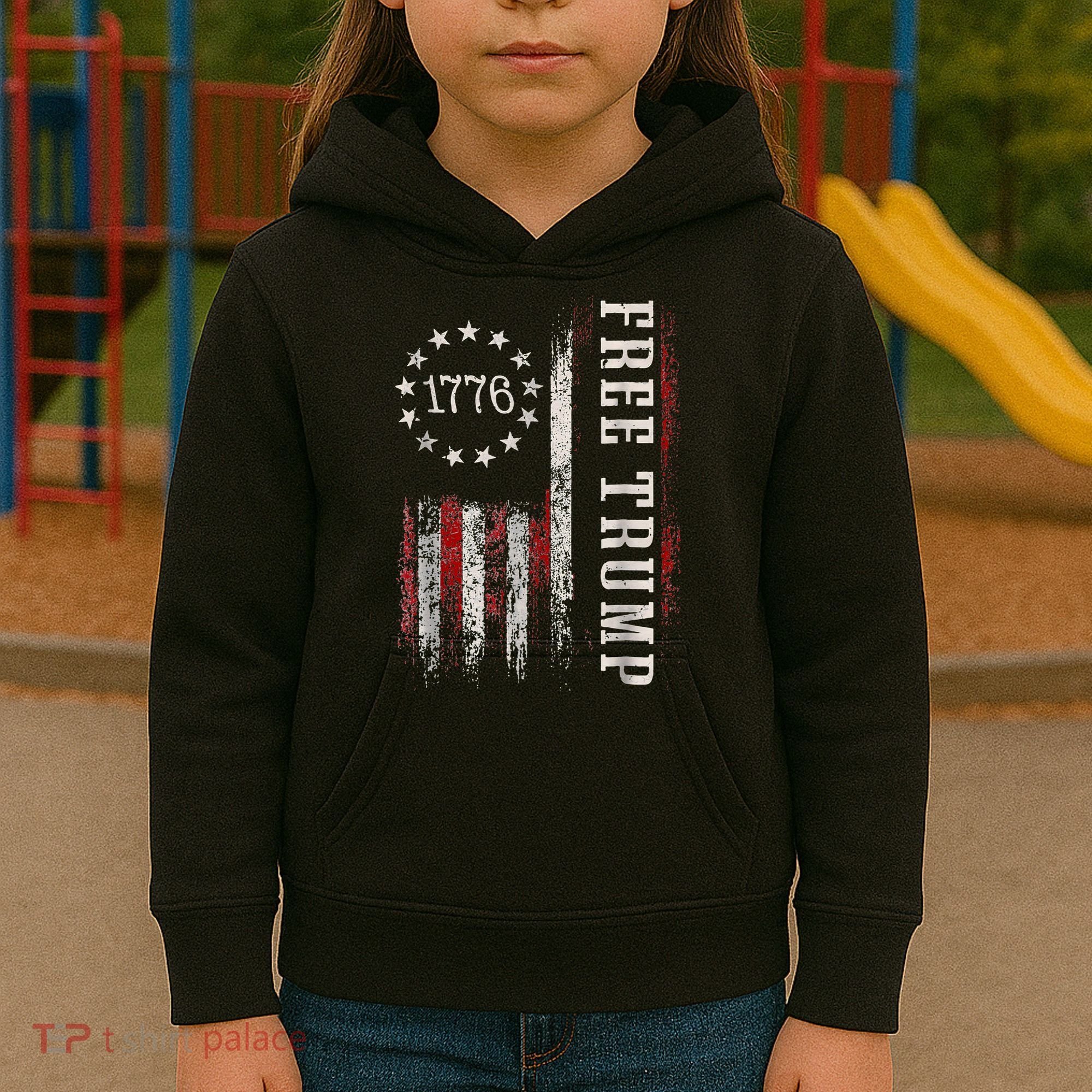 Retro 1776 Free Trump American Flag Kids Hoodie