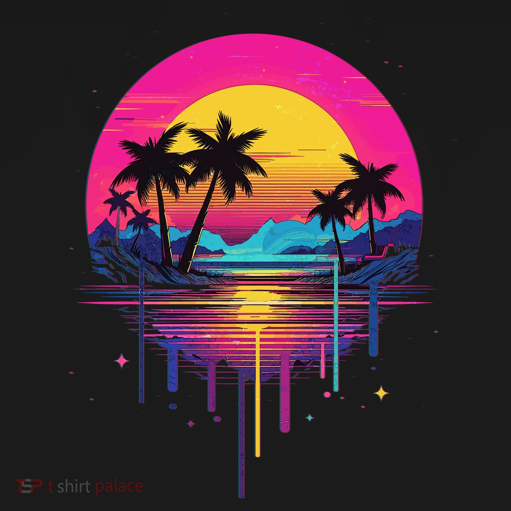 Retro 1980s Palm Tree Sunset Sunrise Pain Drip Ornament