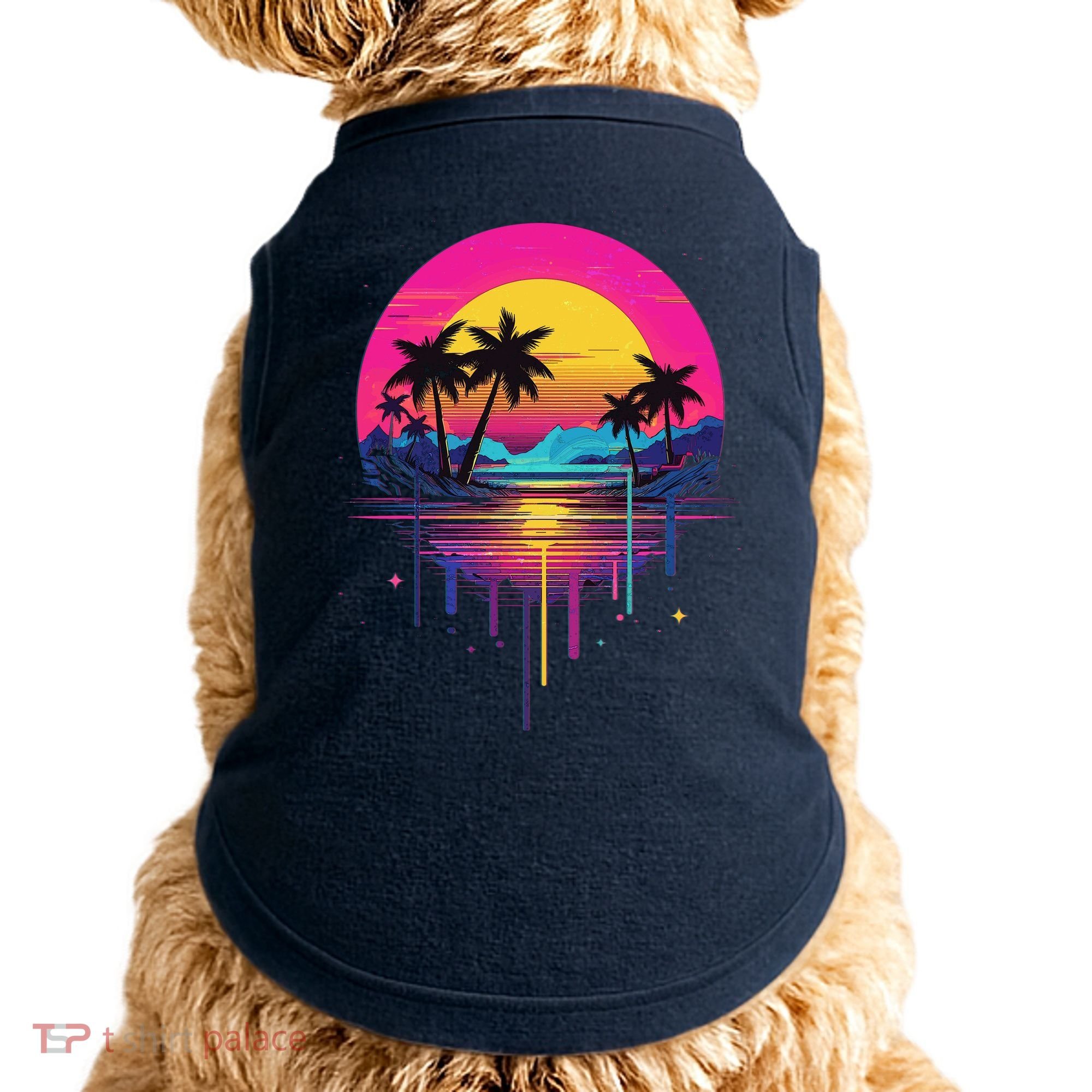 Retro 1980s Palm Tree Sunset Sunrise Pain Drip Doggie Tank