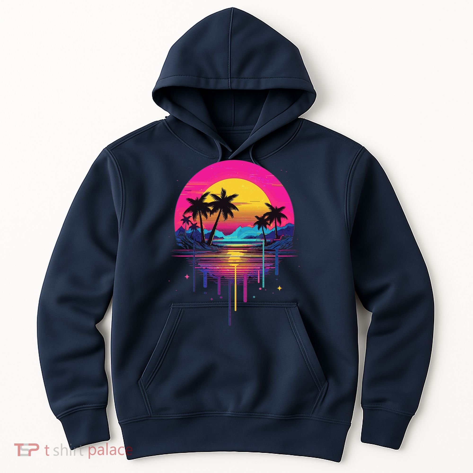 Retro 1980s Palm Tree Sunset Sunrise Pain Drip Hoodie