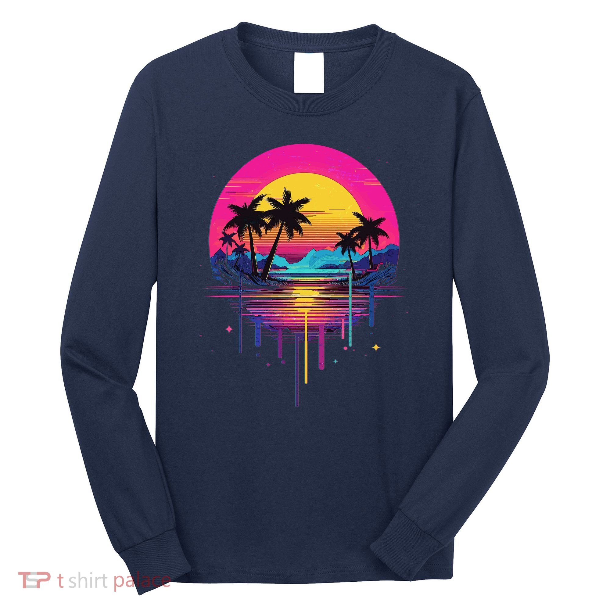 Retro 1980s Palm Tree Sunset Sunrise Pain Drip Long Sleeve Shirt