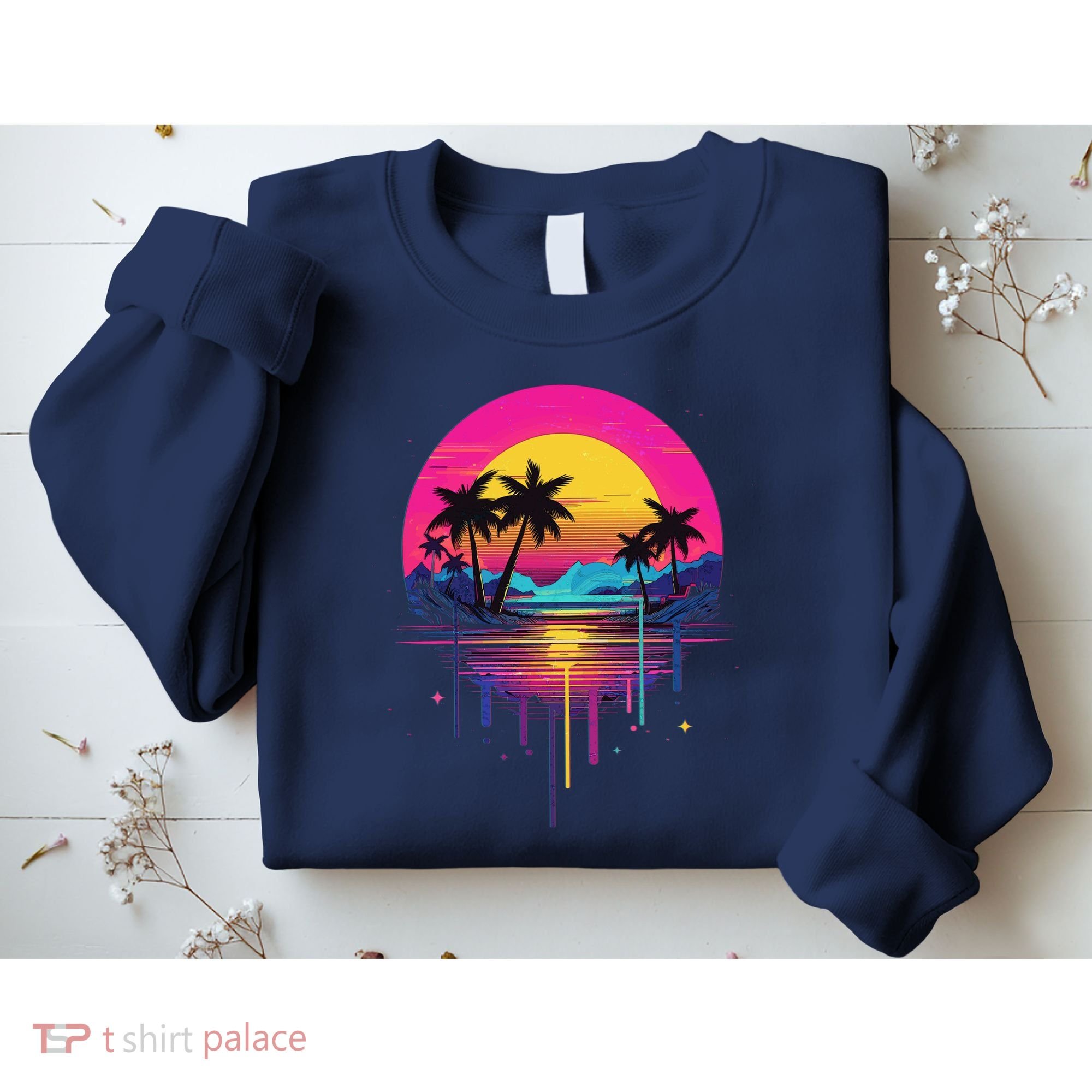 Retro 1980s Palm Tree Sunset Sunrise Pain Drip Sweatshirt