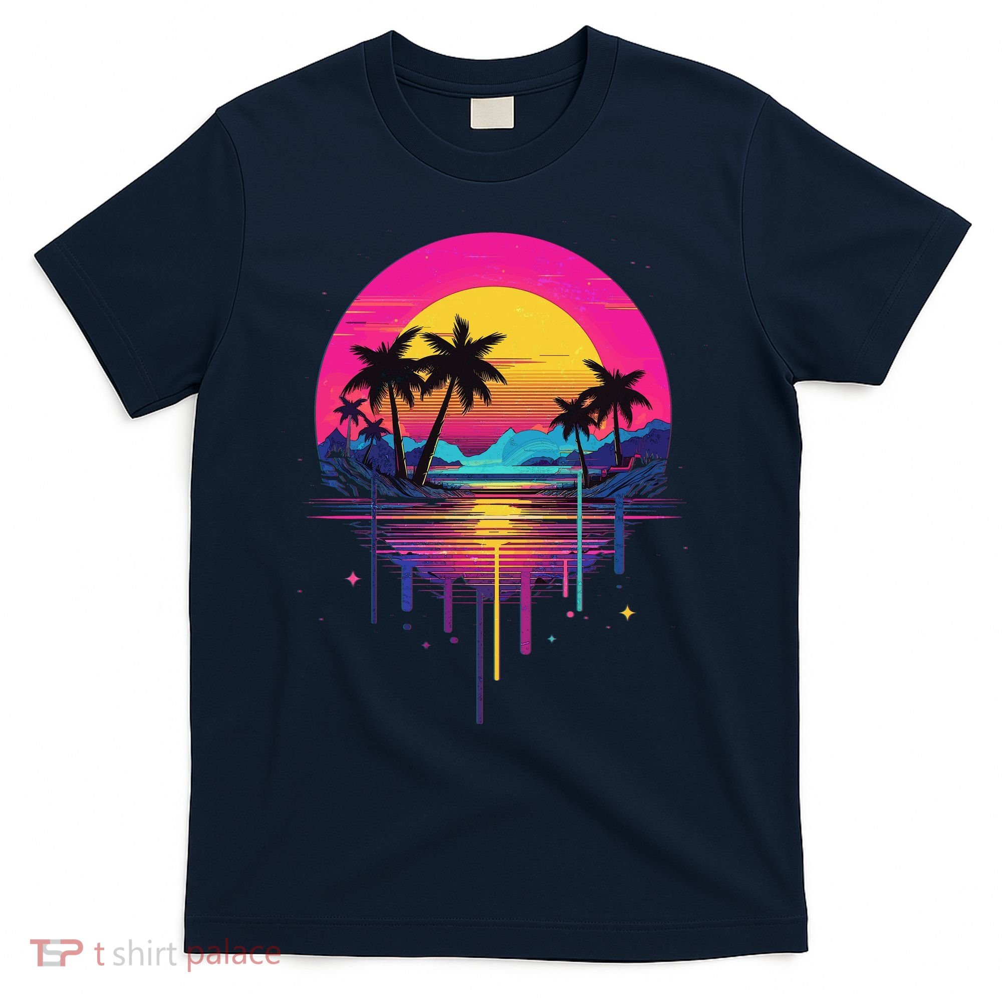 Retro 1980s Palm Tree Sunset Sunrise Pain Drip T-Shirt