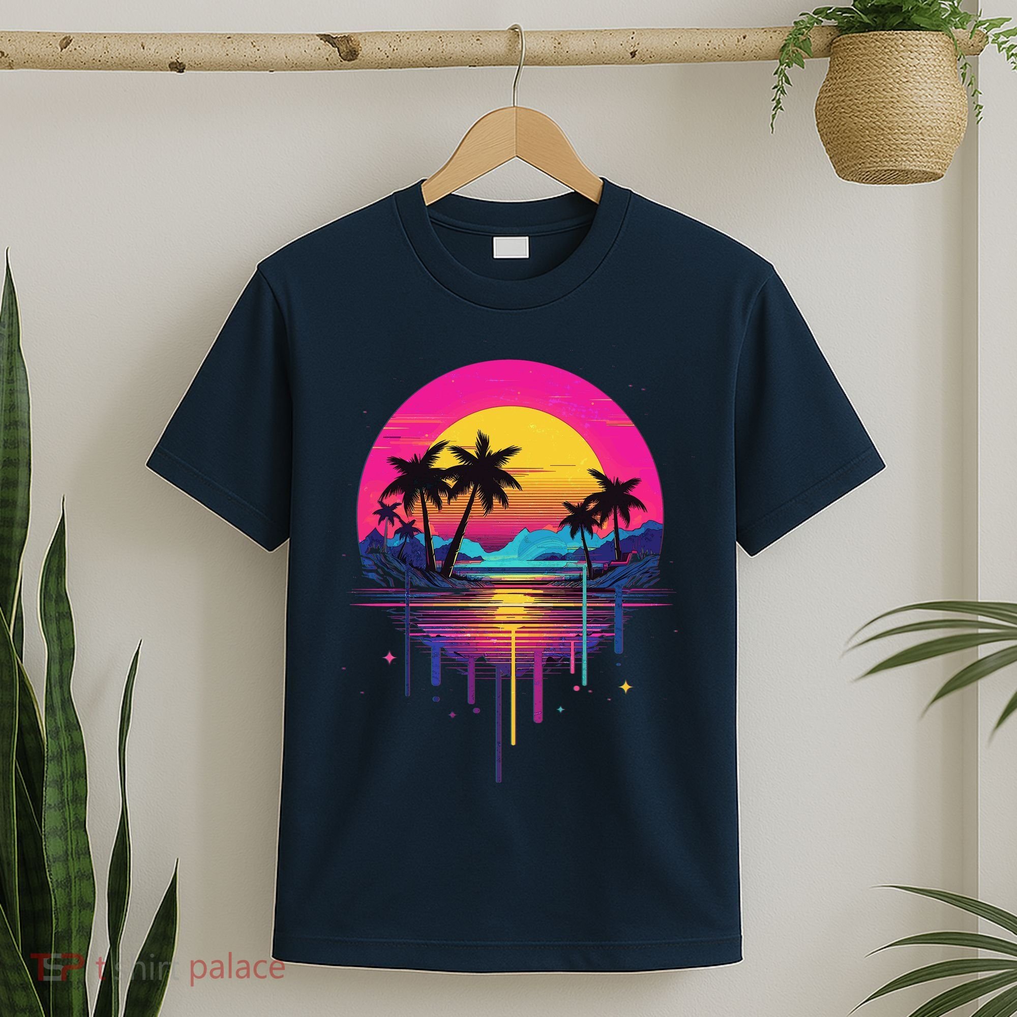 Retro 1980s Palm Tree Sunset Sunrise Pain Drip T-Shirt