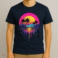 Retro 1980s Palm Tree Sunset Sunrise Pain Drip T-Shirt thumb 3